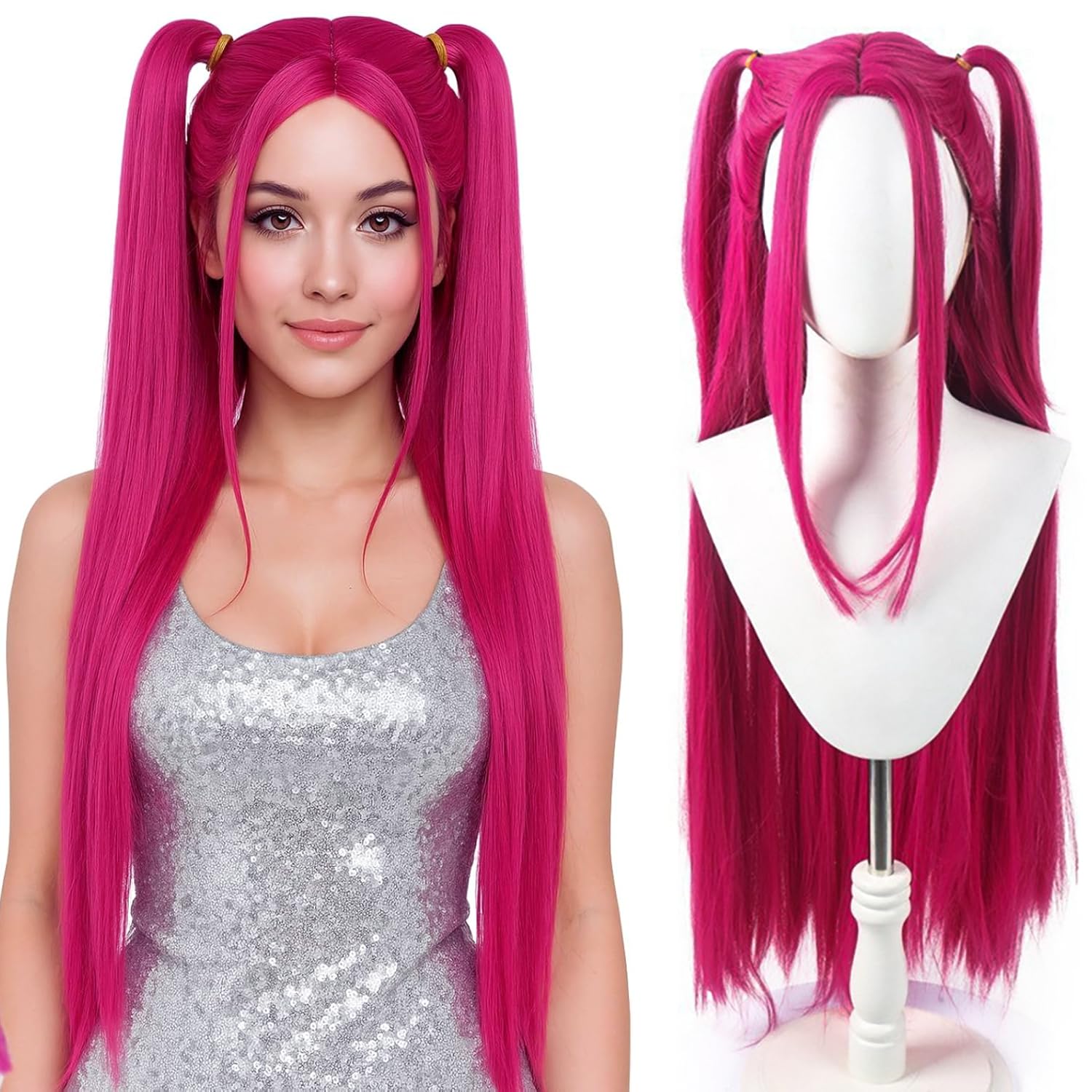 PORSMEER Parrucca Costume Cacciatori di Demoni Mira, parrucche per cosplay, lunghe, lisce, rosa acceso, accessorio per capelli per donne e ragazze (Demon Hunters-Mira)