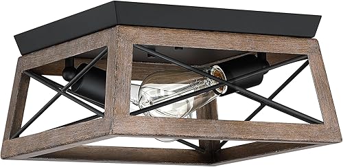 Miniatura 5 de 2-Light Black and Wood Flush Mount Ceiling Light with Bronze Wood Grain Farmhouse Ceiling Light for Closet Hallway Entryway Vintage Industrial Cage