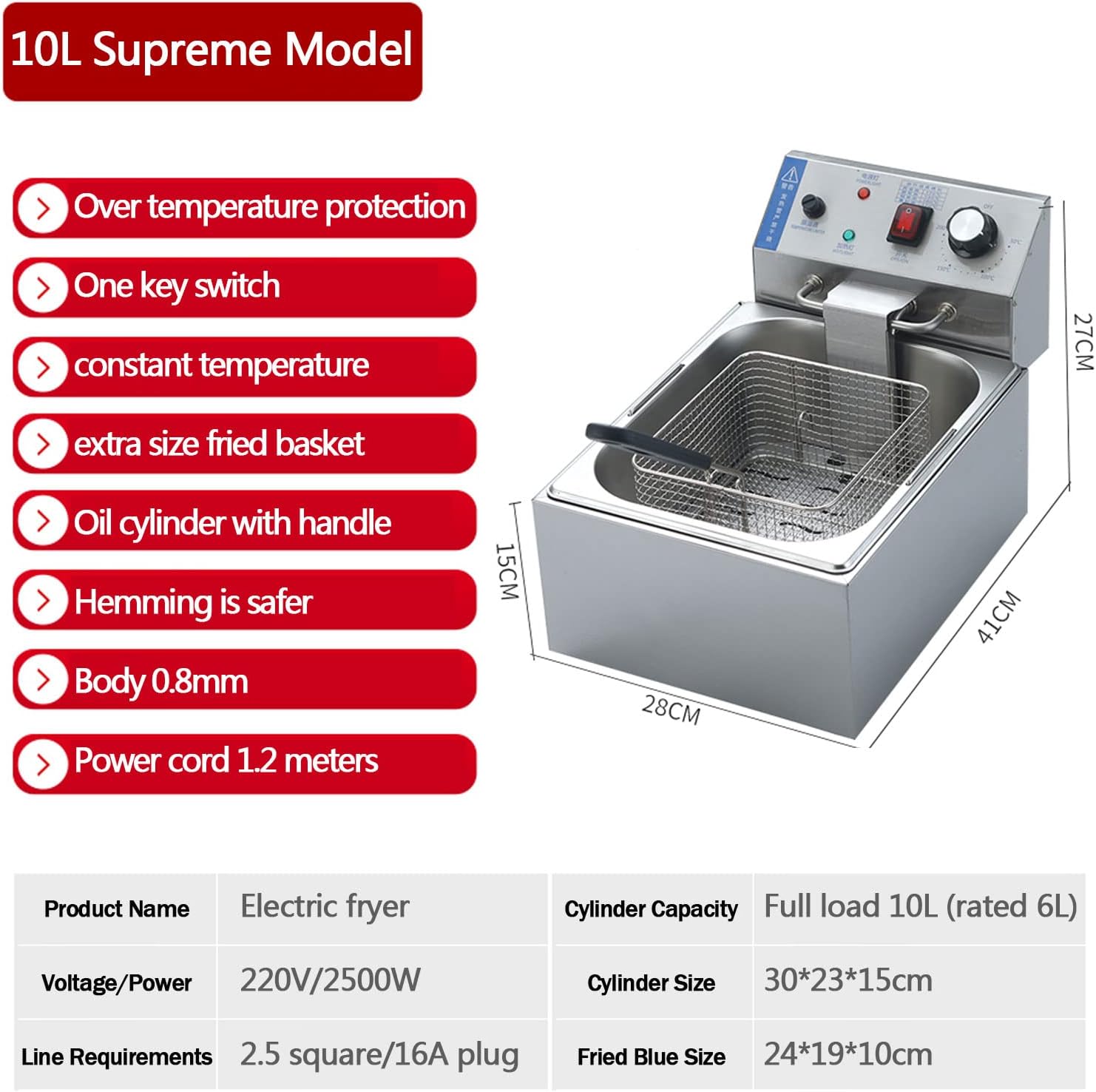 Deep Fat Fryer Stainless Steel Chip Fryer with Oil Basket, Window Lid Polished Stainless Steel Removable Immerse Heating Element with Temperature Control for Commercial or Home Use,10l