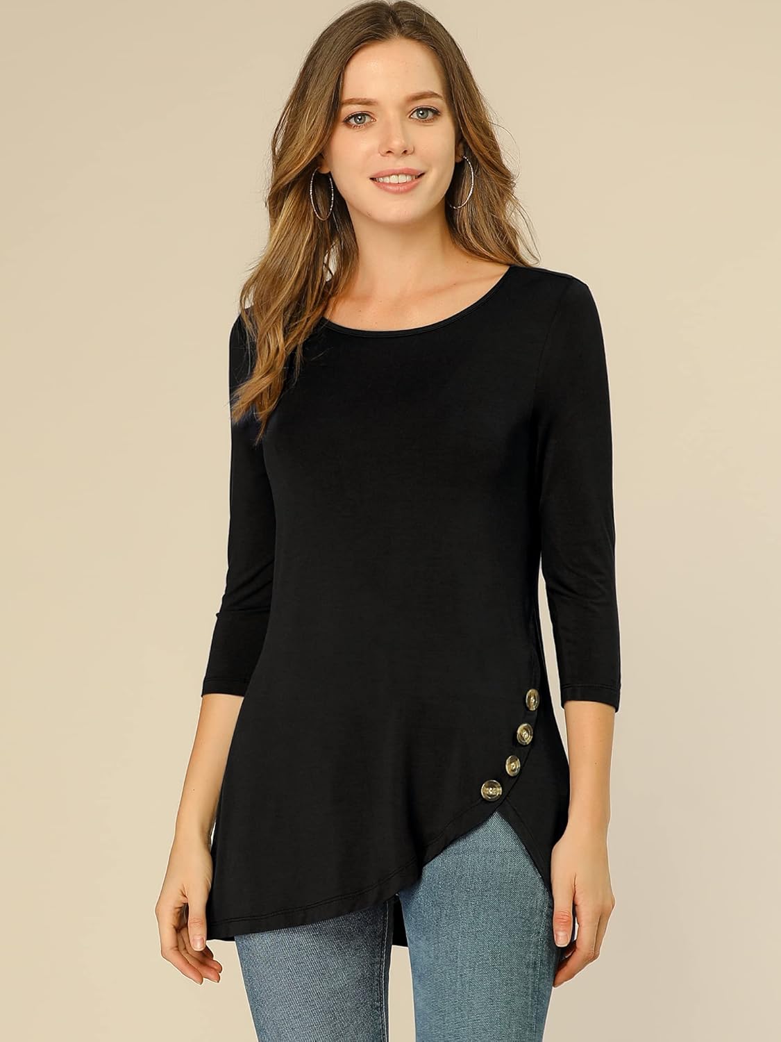 Allegra K Women's Tunic Tops Loose Fit Dressy High Low Round Neck 2025 Fall 3/4 Sleeve Long Shirt - Image 4