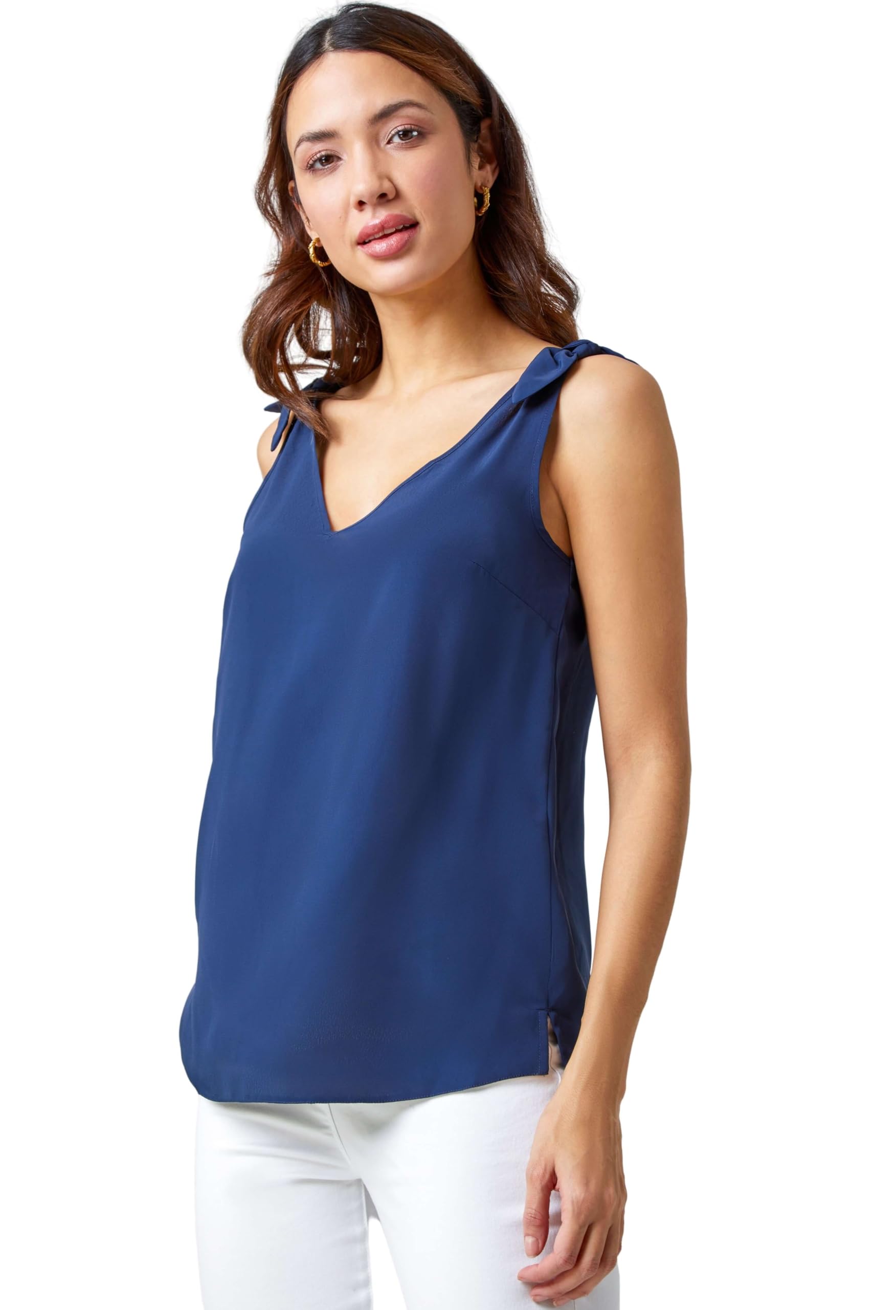 Roman Women's Navy Tie Detail Strap V-Neck Cami Top Size 8