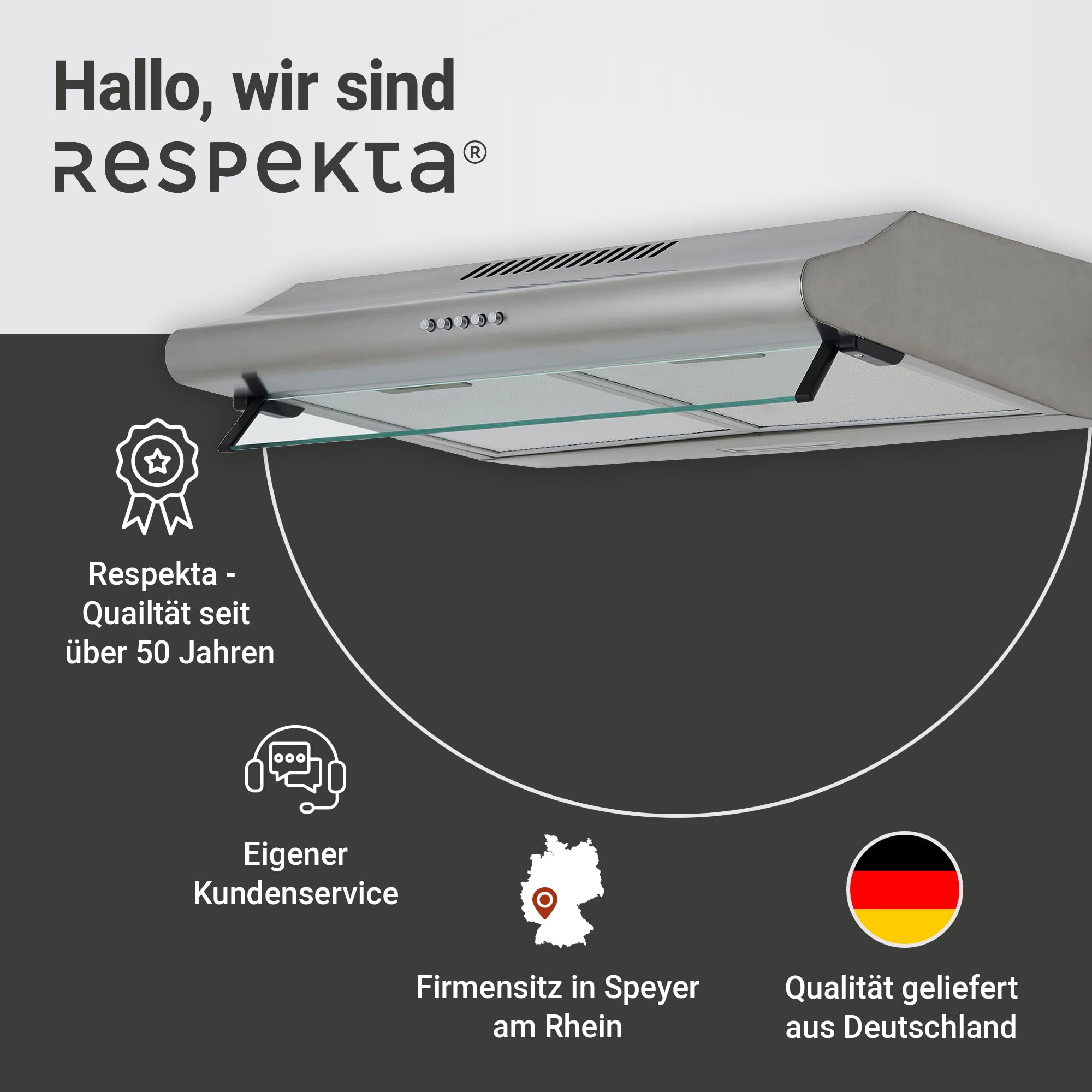 Respekta Dunstabzugshaube Unterbau 60 cm Edelstahl Glasschirm Abluft Umluft 45-61 dB CH1259IXCN