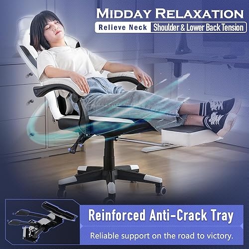 Miniatura 6 de JKOOK JK08 - Silla de juegos con reposapiés, silla de escritorio multifuncional con reposabrazos de conexión, piel sintética, sillas de computadora