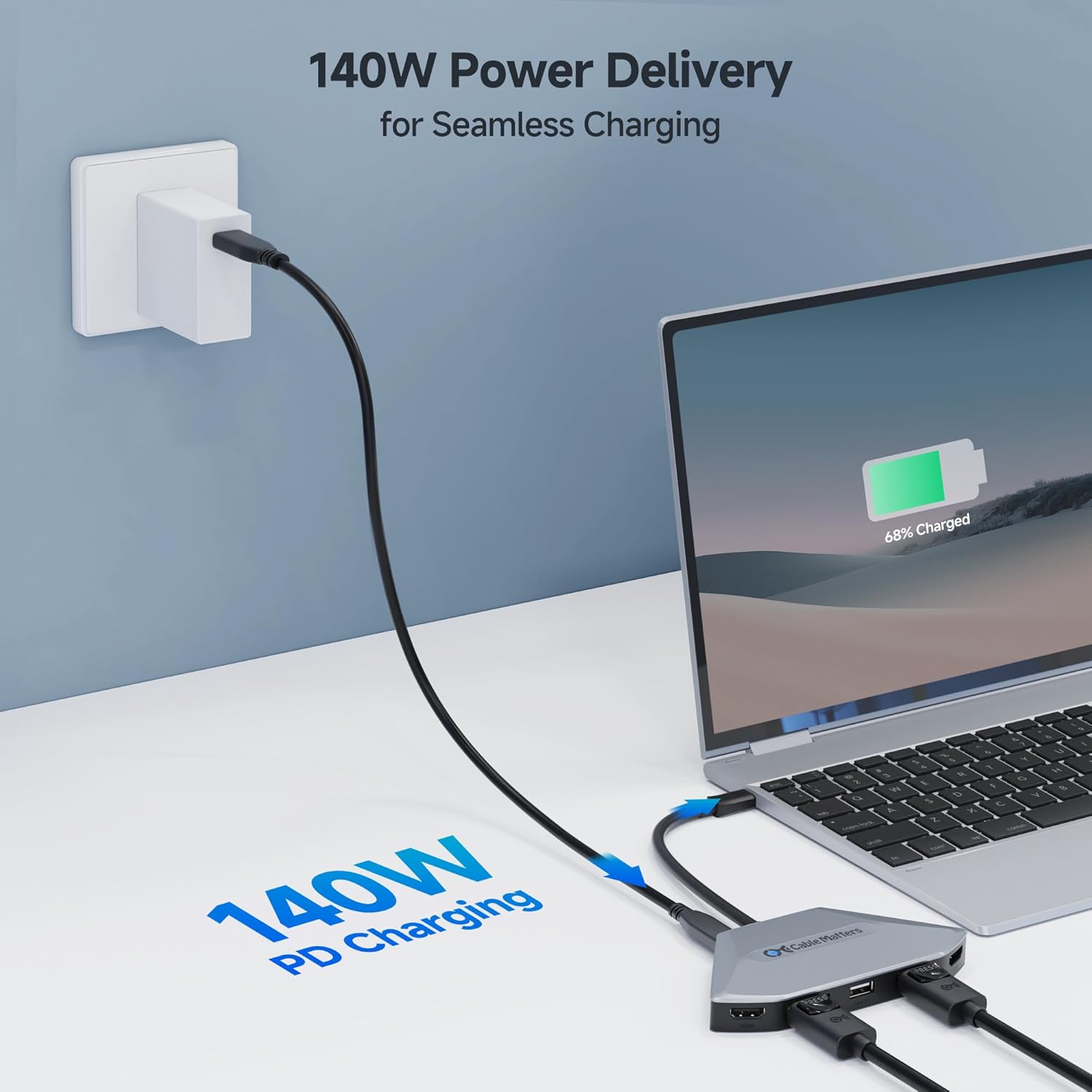 Cable Matters 4K Quad Display USB C MST Adapter, Windows Only, Supports Up to [8K@60Hz / 4X 4K@60Hz Video, 140W Charging], USB C Hub with 2X DisplayPort 2.1 and 2X HDMI 2.1, Thunderbolt 4/5 Compatible