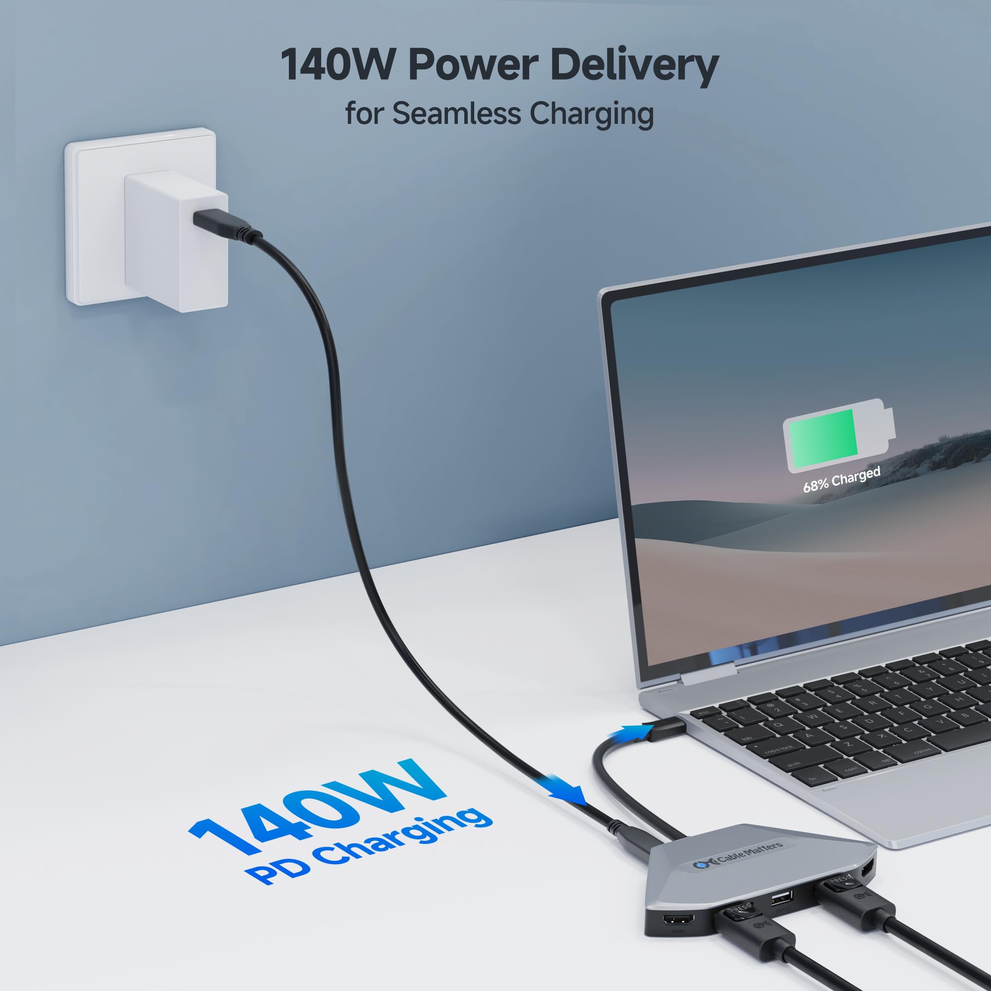 Cable Matters Adapter USB-C MST do 4 monitorów, HDMI/DisplayPort | Tylko Windows, 4x 4K@60Hz, ładowanie 140 W, 2x DisplayPort 2.1 i 2x HDMI 2.1, zgodny z Thunderbolt 5/4