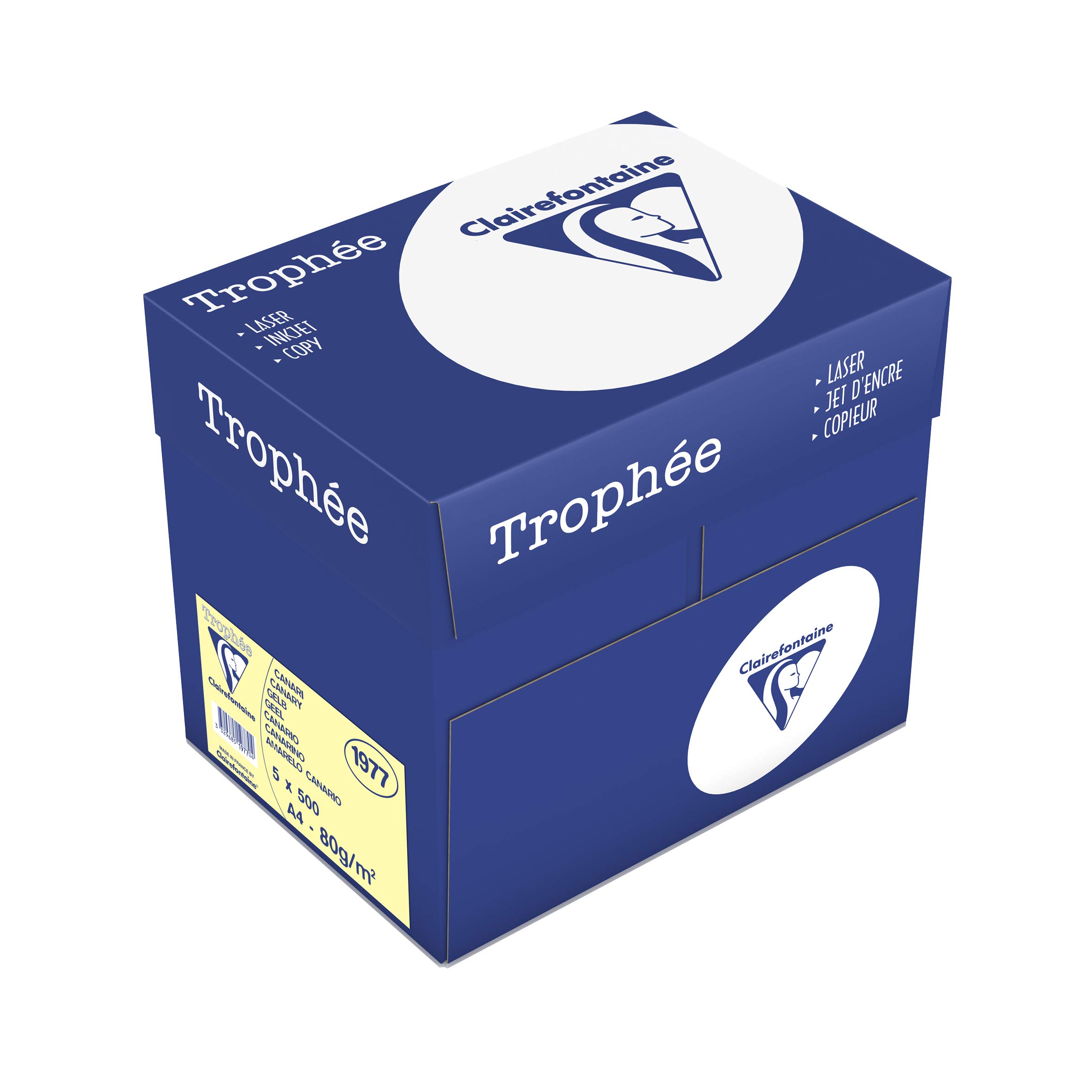 Clairefontaine 1977C - Karton mit 5 Ries Druckerpapier / Kopierpapier Trophee, intensive Farben, DIN A4, 80g, 500 Blatt x 5, Kanariengelb, 1 Karton