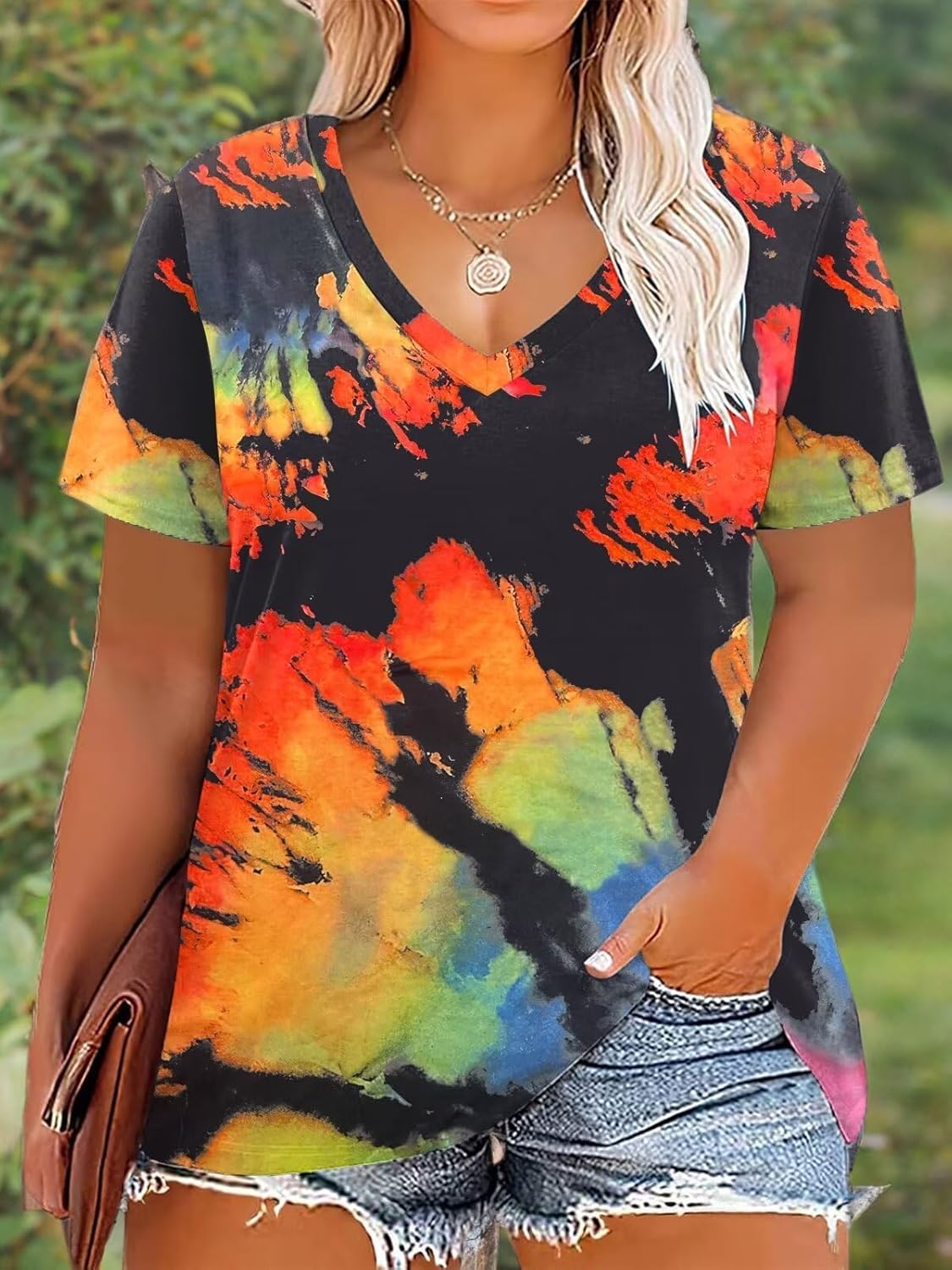 DOLNINE Womens Plus Size Tops Tie Dye Casual V Neck Summer Short Sleeve Loose Fit Shirts XL-5XL - Image 5