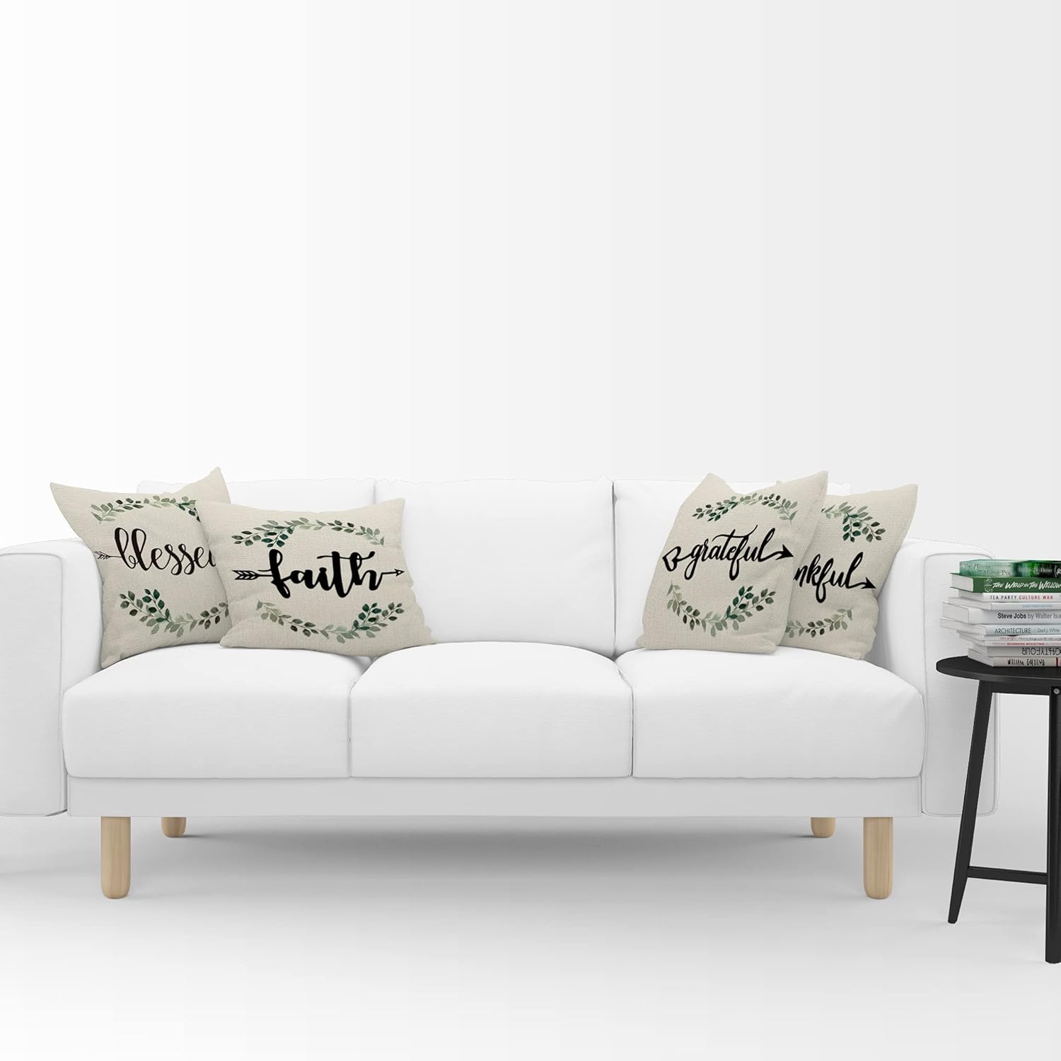 Faith Grateful Blessed Thankful Throw Pillow Case, 18 x 18 Inch Set of 4, Farmhouse Porch Bench Decor Pillow, Housewarming Gifts Family Room Decor, Porch Cushion Cover for Sofa Couch