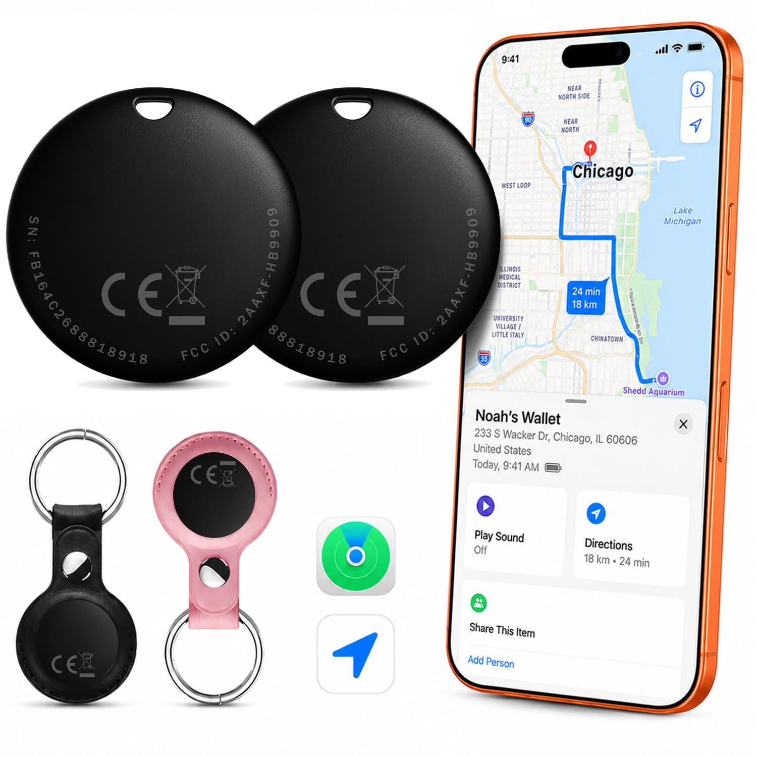 Lot de 2 étiquettes de suivi Bluetooth – Localisateur intelligent sécurisé et étanche pour clés, portefeuille, bagages (iOS Find My Compatible) | Durée de vie de la batterie de 1 an