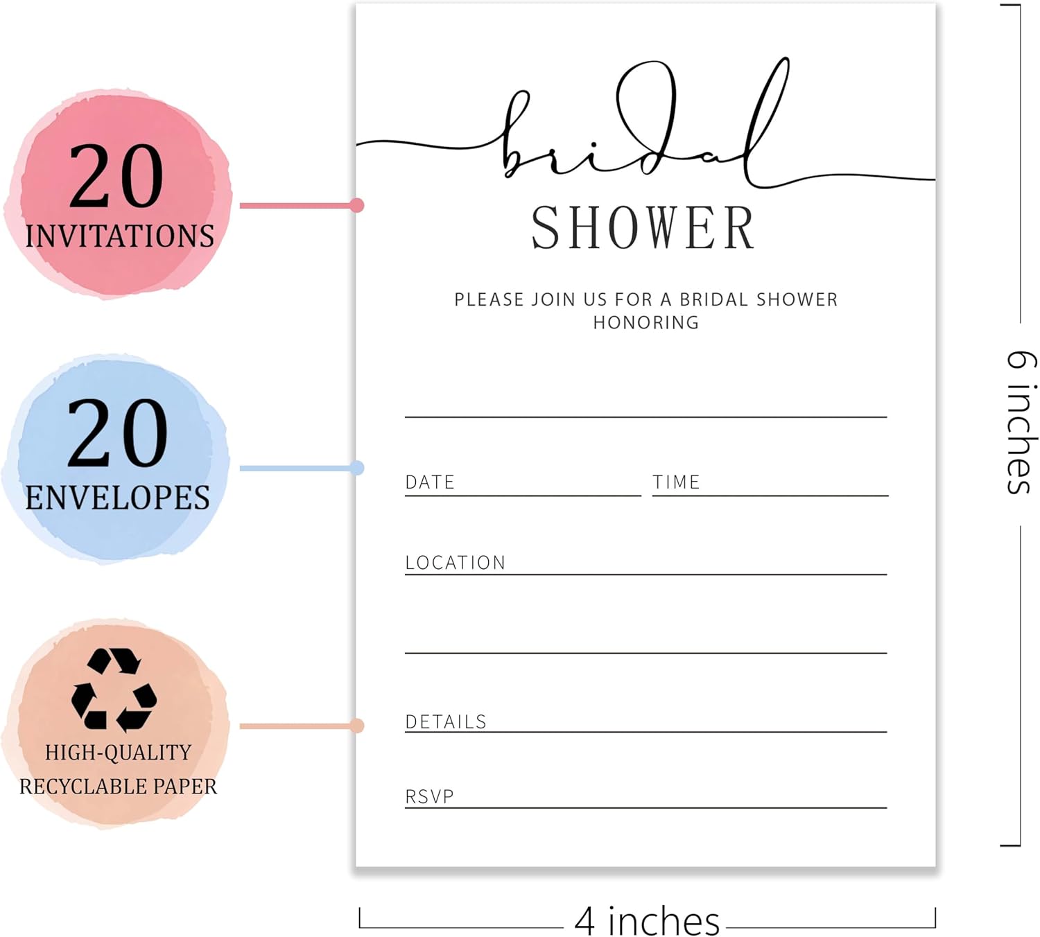 4x6 Minimalist Script Bridal Shower Invitation Set (20 Cards + 20 Envelopes) – Modern Black & White Bridal Shower Invitations for Bride-to-Be.(152)
