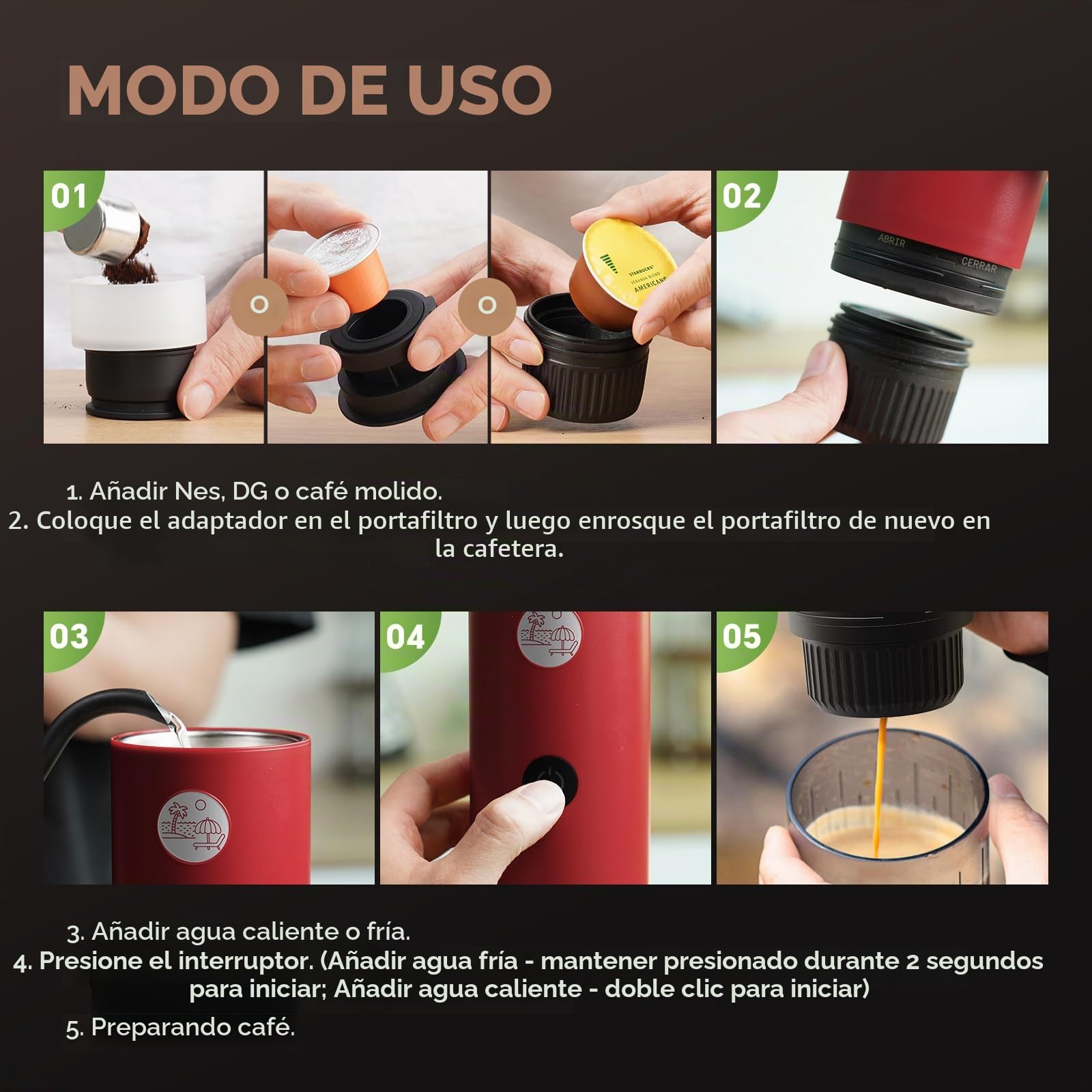 Cafetera portátil 3 en 1, máquina de espresso de 19 bares con calentamiento automático, compatible con cápsulas NS y DG, así como café molido para camping, senderismo, viajes y hogar (Rojo)