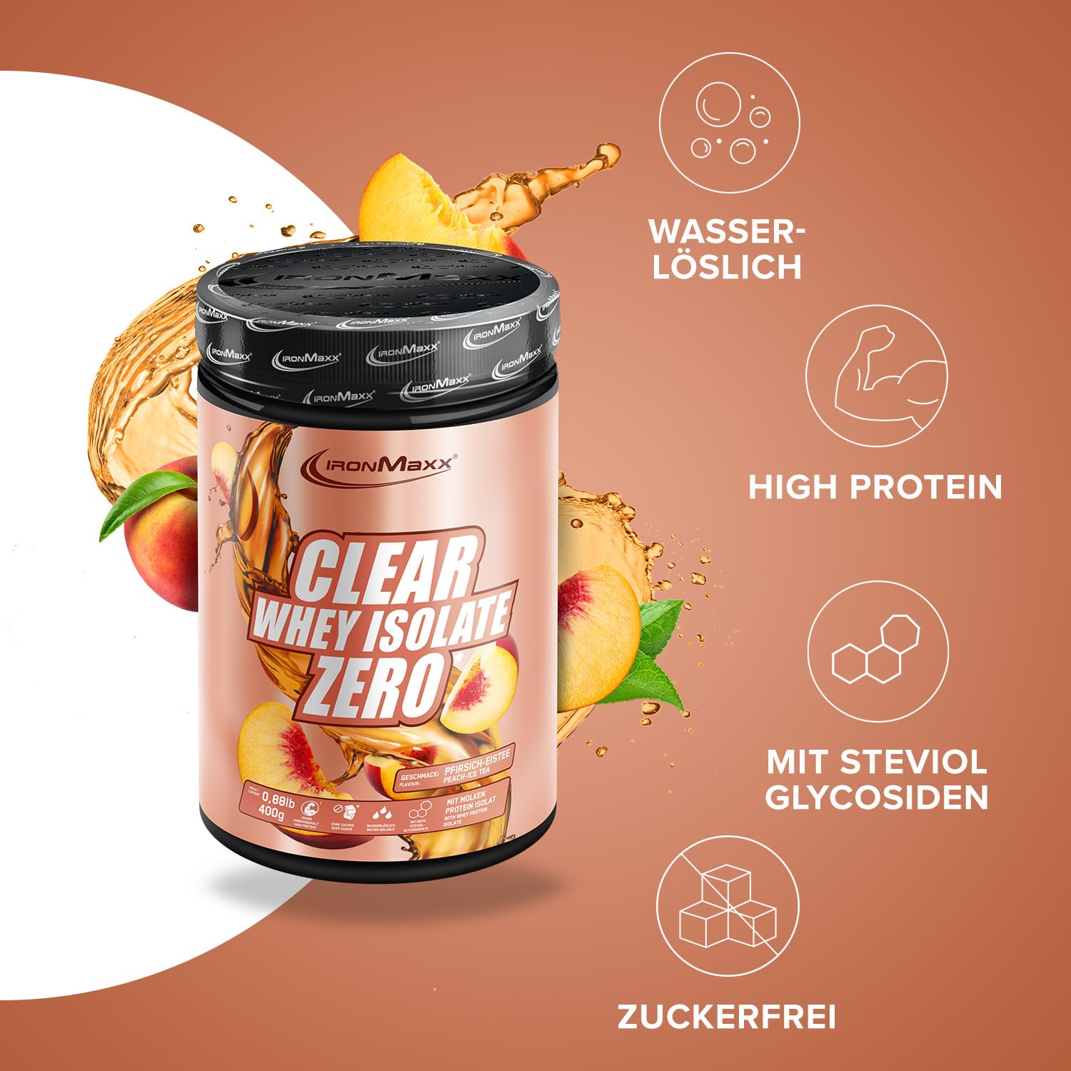IronMaxx Clear Whey Isolate Zero - Peach Ice Tea 400g Dose | Klarer Molkenprotein-Isolat ohne Zucker | Laktosefreies Clear Protein | Protein Limonade mit fruchtig-erfrischendem Geschmack