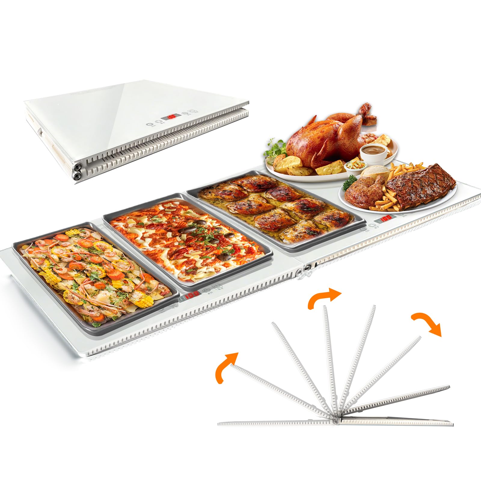 Bandeja calentadora de alimentos de doble zona, placa de calentamiento de escritorio ensamblable con control táctil, bordes resistentes al calor y base aislada, superficie a prueba de manchas para
