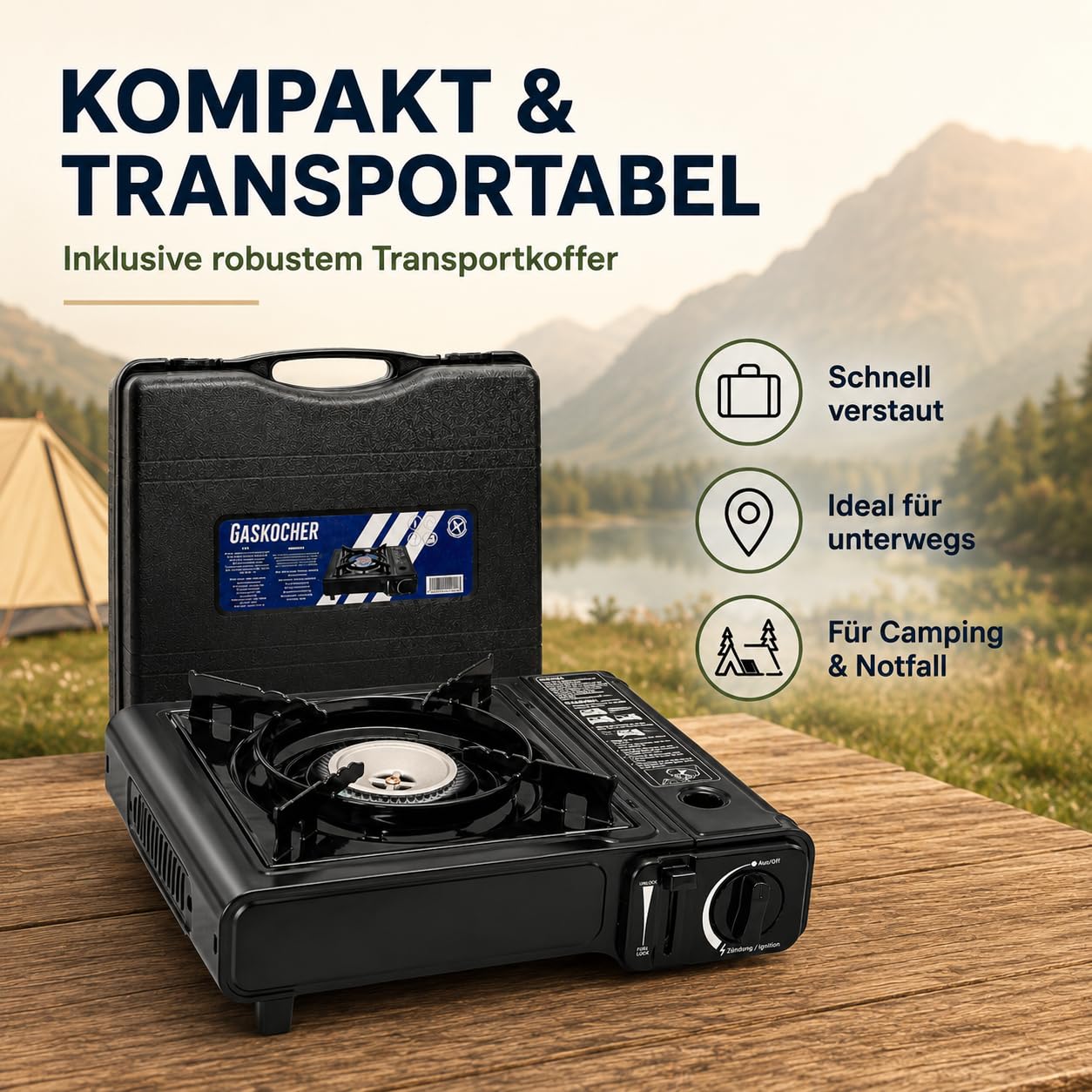 TruWare Camping Gaskocher für MSF-1A Kartuschen und Reduzierkreuz | 2,3 kW Leistung, CE geprüft, für Festival, Picknick oder Stromausfall