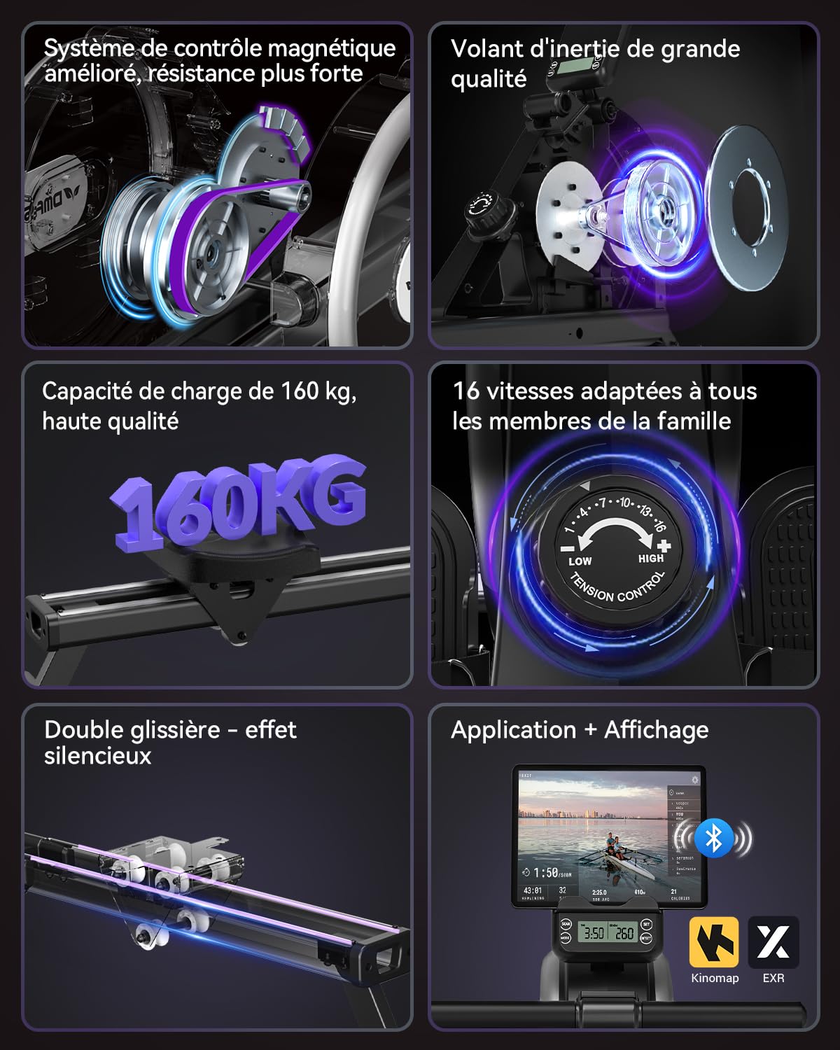 Rameur, DMASUN Rameur Magnétique D'appartement, Rowing Machine Connecter APP avec Écran LCD, 16 Niveaux de Résistance, Mise à Niveau vers Deux Rails, Silencieux, Capacité Maximale 160KG
