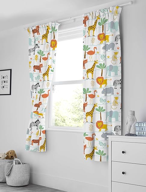 Bloomsbury Mill - Safari Adventure - Jungle Animals - Kids Lined Curtain Pair with Tiebacks - 66 x 72 inch (168cm x 183cm)