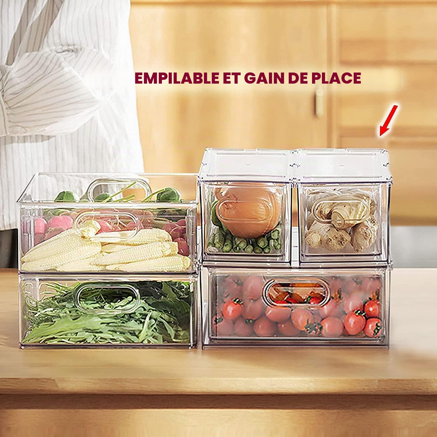 Greentainer Lot de 3 boîtes de rangement transparentes pour réfrigérateur avec poignée – Organiseur de cuisine empilable avec compartiments – Sans BPA – Pour frigo, armoires, garde-manger