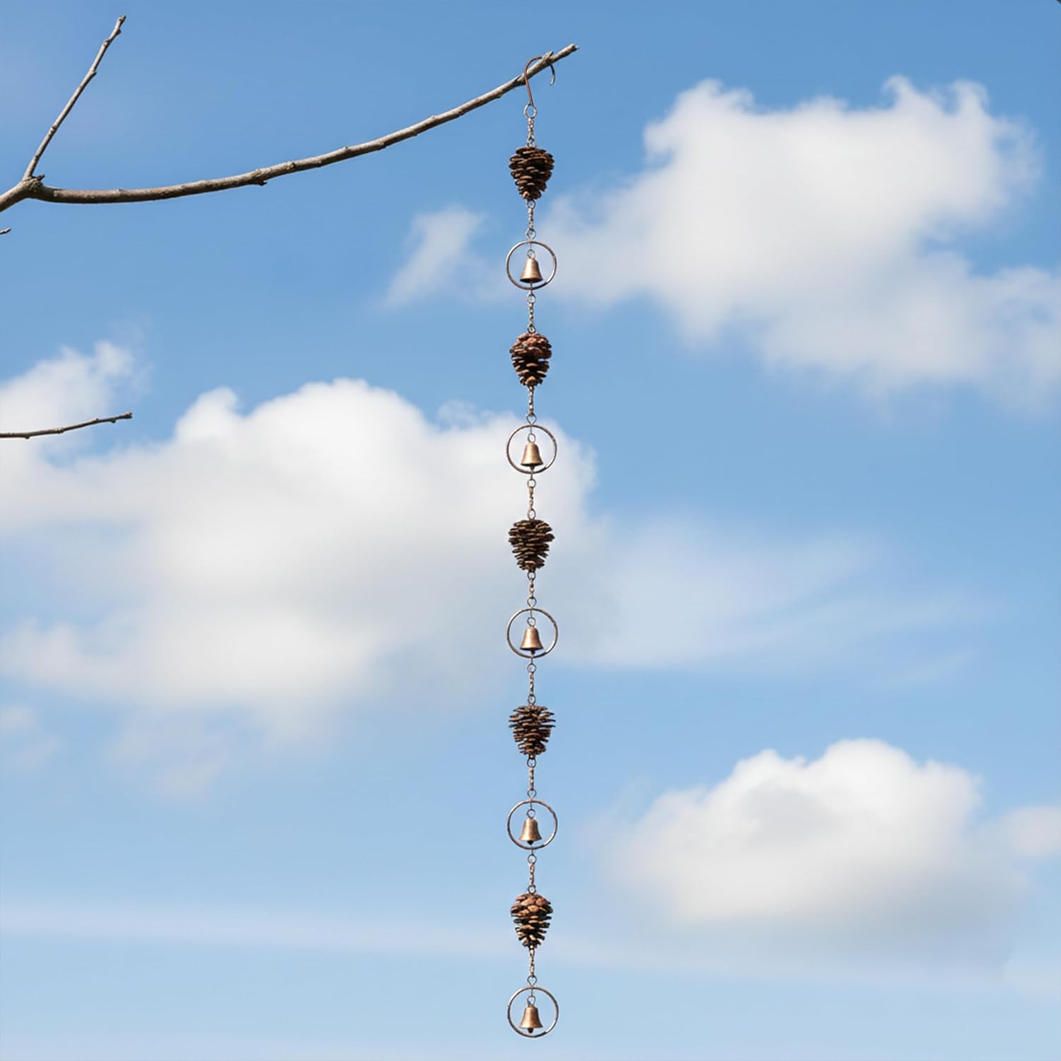 3.6 Feet Pinecone Rain Chains Gutters, Pinecone Shaped Iron Metal Downpipe Outside Catcher, Decorative Pine Cones and Bells Adjustable Hanging Rainchain for Indoor & Outdoor for Garden Decoration