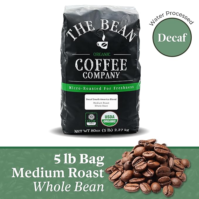The Bean Organic Coffee Company's Water Processed DECAF South America Blend is a medium roast, whole bean coffee that comes in a 5-pound bag. The beans used in this blend are sourced exclusively from South America, known for producing some of the finest coffee beans in the world.