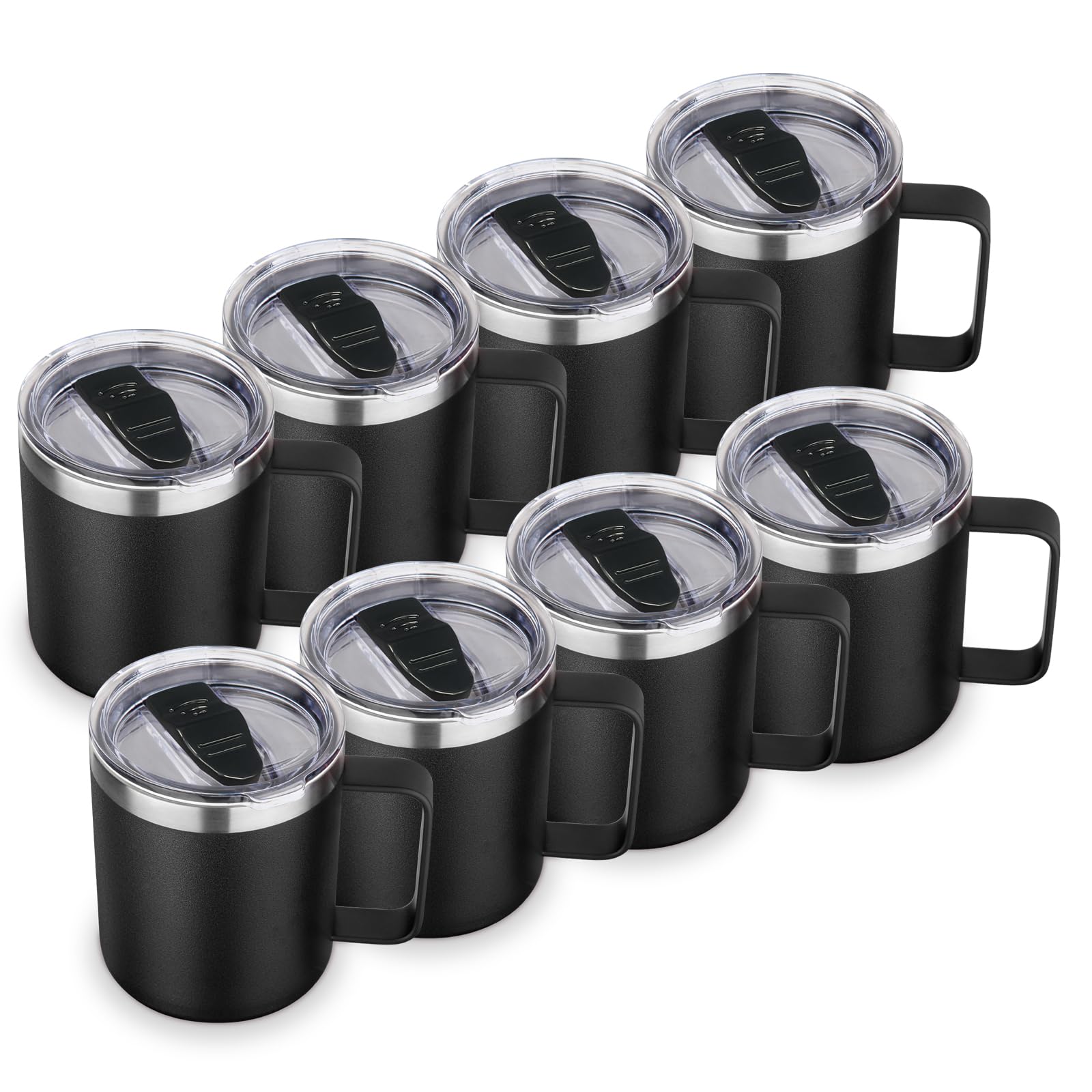 Volhoply 14oz Insulated Stainless Steel Coffee Mug with Lid Bulk 8 Pack,Double Wall Vacuum Travel Coffee Cup with Handle,Reusable Metal Cups Tumbler,Camping Mugs Keep Hot,Ideal Gifts(Black,8)