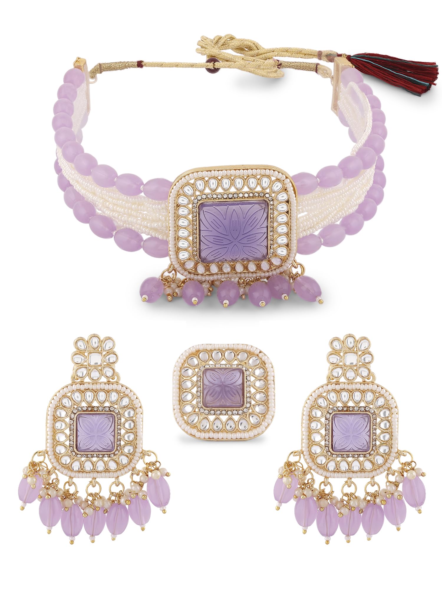 ZAVERI PEARLS Purple Multistrand Kundan Stones & Beads Choker