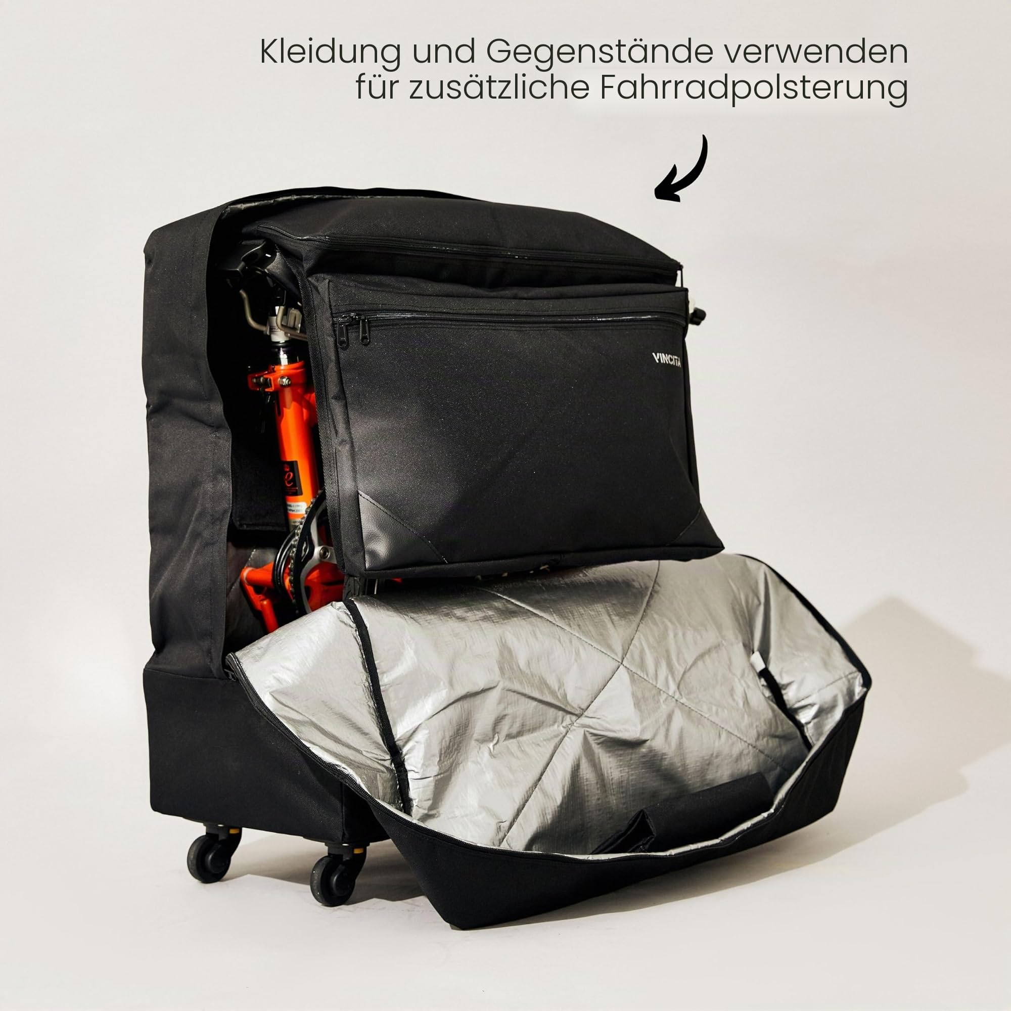 Vincita Sightseer 4.0 Weiche Transporttasche für Brompton Klappfahrrad - mit Kleidertasche, vier abnehmbaren Rädern und Schultergurt, Brompton Fahrradtasche, leichte Lösung für Flugreisen