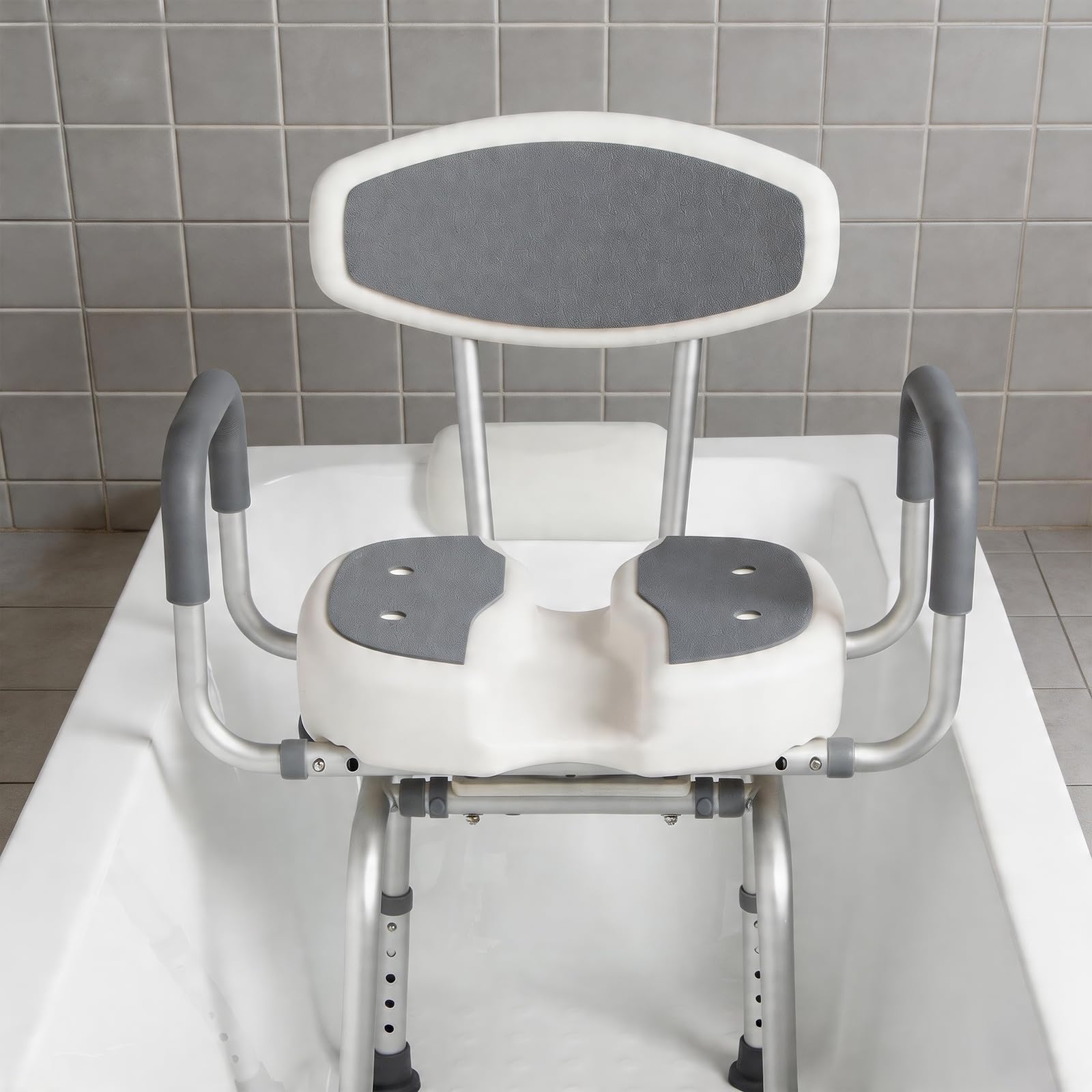 EasyVibe Duschstuhl 360° Drehbar für Senioren, 52cm Breiter Duschhocker mit 3D U-Ausschnitt, 1,25mm Aluminiumrahmen, Gepolsterte Armlehnen, Belastbar bis 150kg