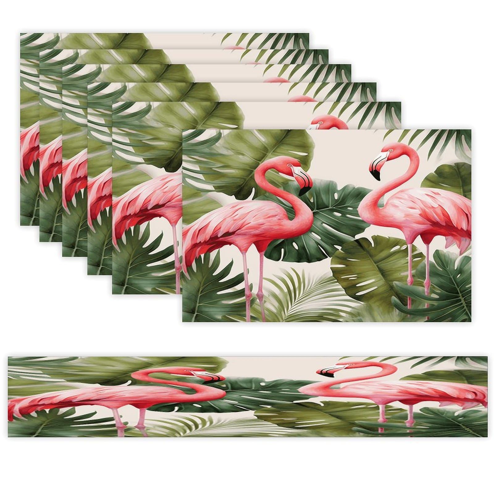 Flamingo Palm Trees Leaf Table Runner and Placemats Set of 6 for Kitchen Washable Table Mats Heat Resistant Place Mats Non-Slip Place Mat Wipeable Placemat(6 Placemats+1 Table Runner)