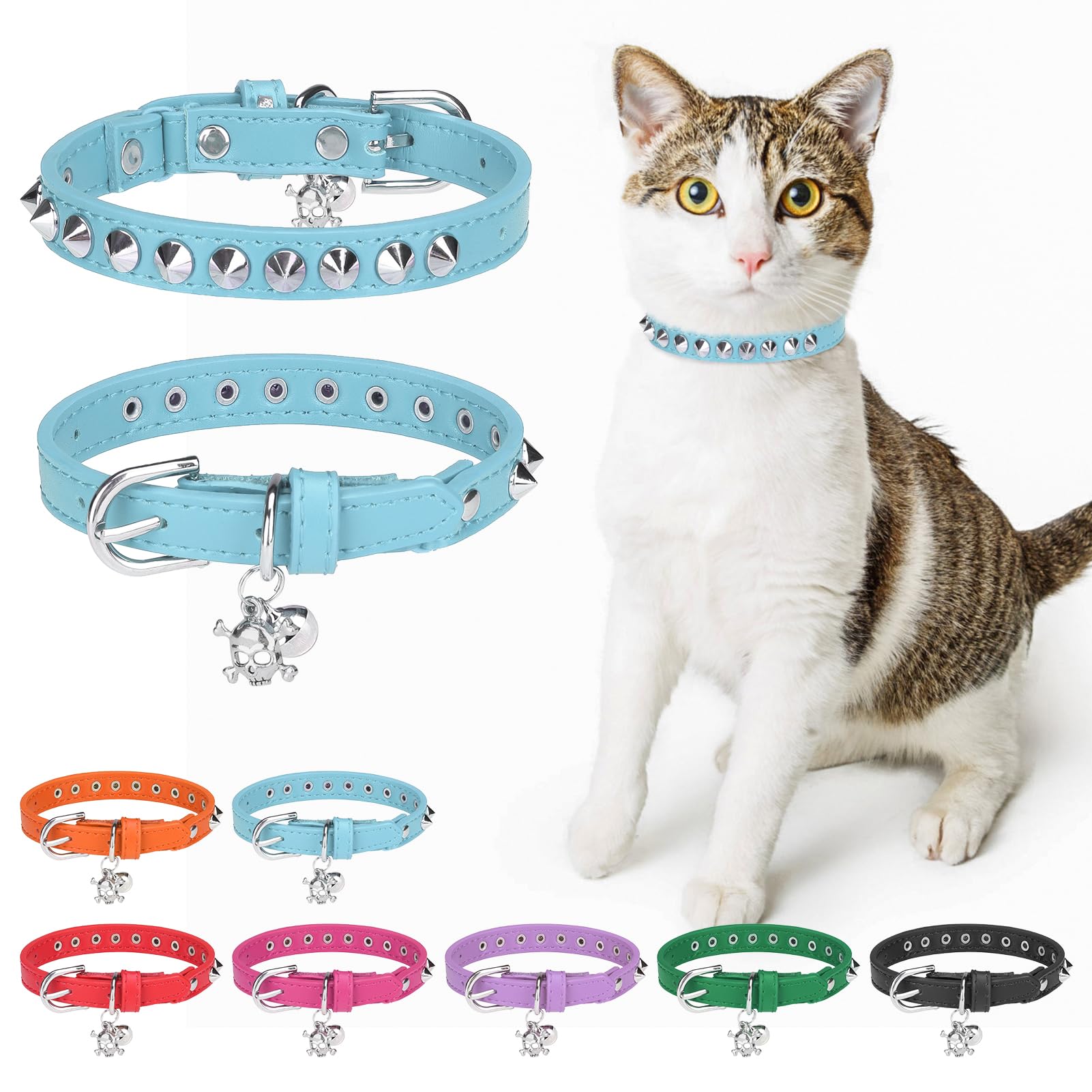 DILLYBUD Leather Cat Collars for Boy Girl Cats with Bell and Safety Elastic Belt