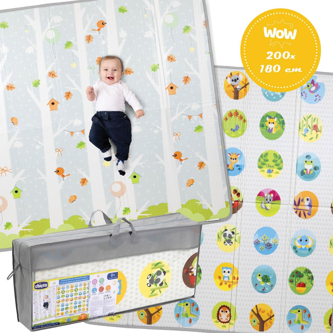 Chicco Krabbelmatte Baby, Extra groß, 200x180 cm, Stärke 1.3 cm, wenbare Spielmatte Baby, mit Tieren und Landschaft, Double Face, faltbar, Superweich und farbenfrohes, für das Kinderzimmer, 0+ Monate