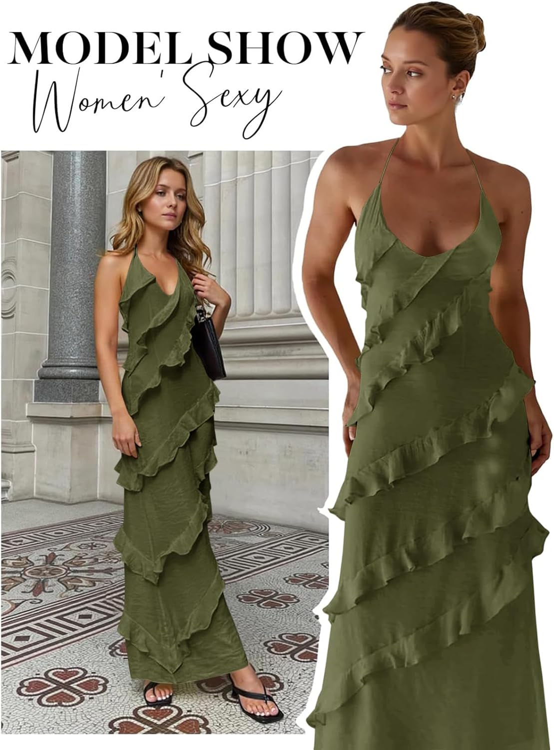 Wenrine Womens Sexy Chiffon Halter Maxi Dress Sleeveless Backless Ruffle Tassel Party Club Dresses - Image 5