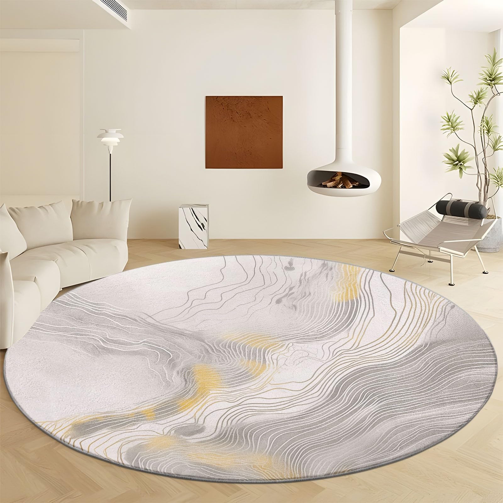 Tapis Ronds Lavables 120 cm, Marbre Texturé Doré Tapis Rond Antidérapant pour Salon, Surréalisme Rugs Rond à Poils Courts Doux pour sous Table à Manger