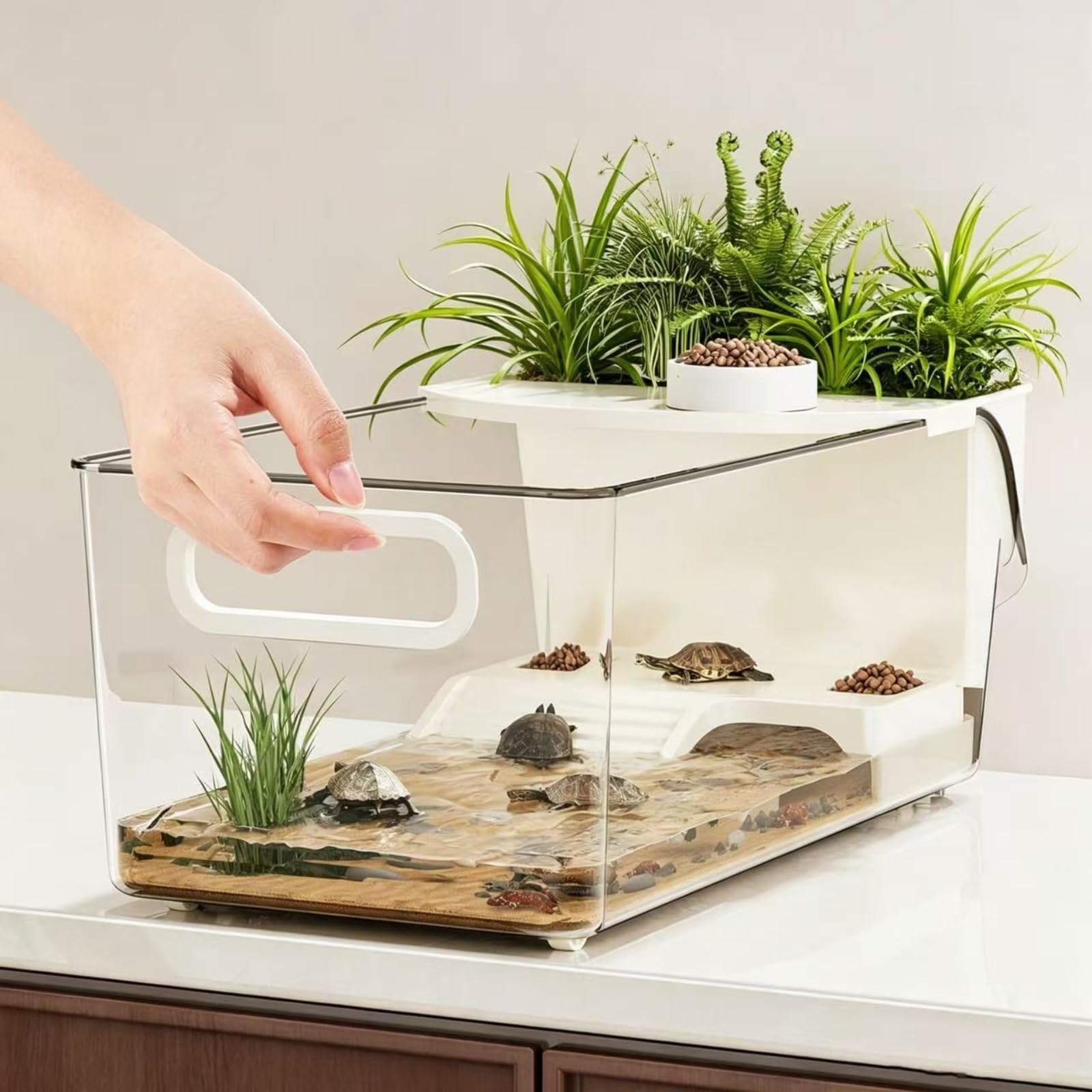 Terrario Grande con Plataforma para Terrario de Tortugas con Plataforma para Tomar el Sol y Rampa,Tanque Transparente para Tortugas Recinto para Reptiles， Cangrejos y Pequeños Peces,
