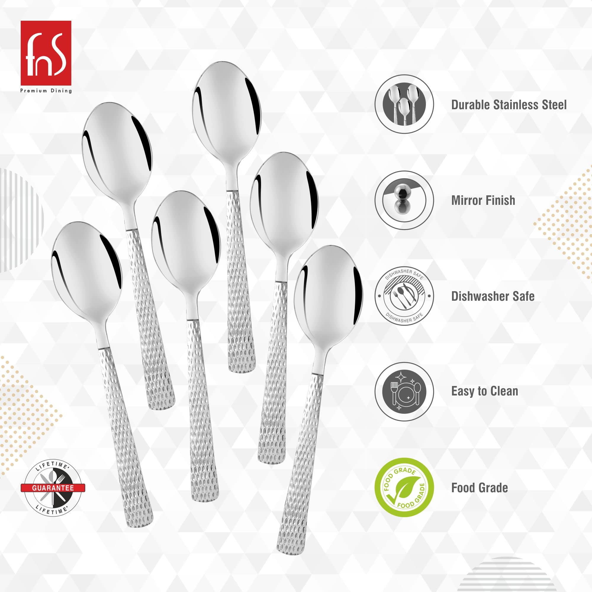 FnS Madrid 6 Pieces Stainless Steel Dinner Spoon Set with Hammer Finish Handle | Premium Table Spoons for Home, Kitchen & Dining | Luxury Flatware Cutlery 2
