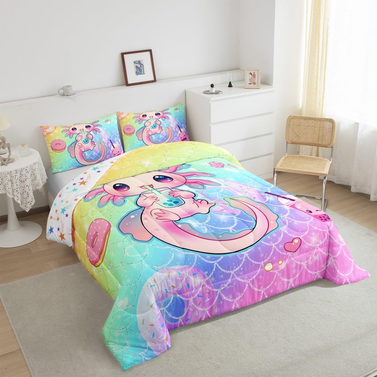 Feelyou Kids Rainbow Cute Axolotl Comforter Set,Ocean Theme Axolotl Bedding Set Full Size,Boys Girls Room Decor,Cartoon Salamander Comforter,Kawaii Axolotl Bed Set