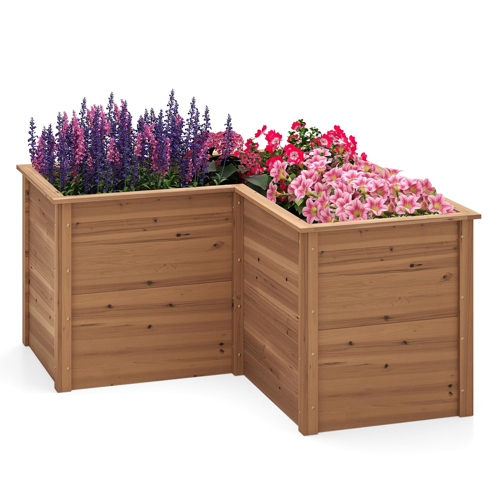 COSTWAY Erhöhtes Hochbeet Holz, Gartenbeet tief, Pflanzkasten mit offenem Boden, für Balkon Garten Terrasse, Pflanzenbeet L-förmig, Kräuterbeet Pflanzkasten, Tannenholz, 120 x 120 x 63 cm (Braun)