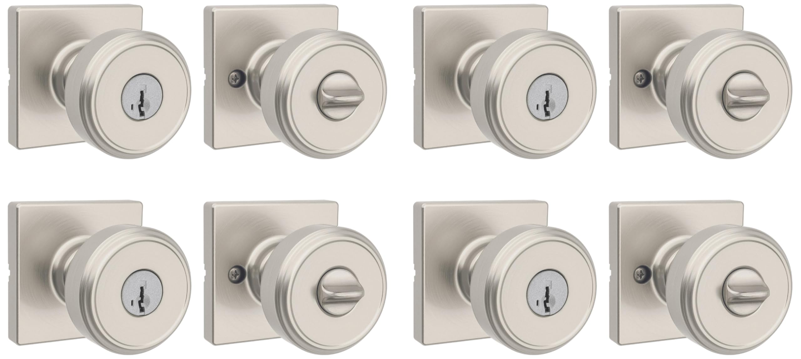Kwikset Maven Entry Door Knob with Lock and Key, Secure Keyed Handle Exterior, Square Front Entrance and Bedroom, Satin Nickel, Pick Resistant SmartKey Rekey Security and Microban (Pack of 4)
