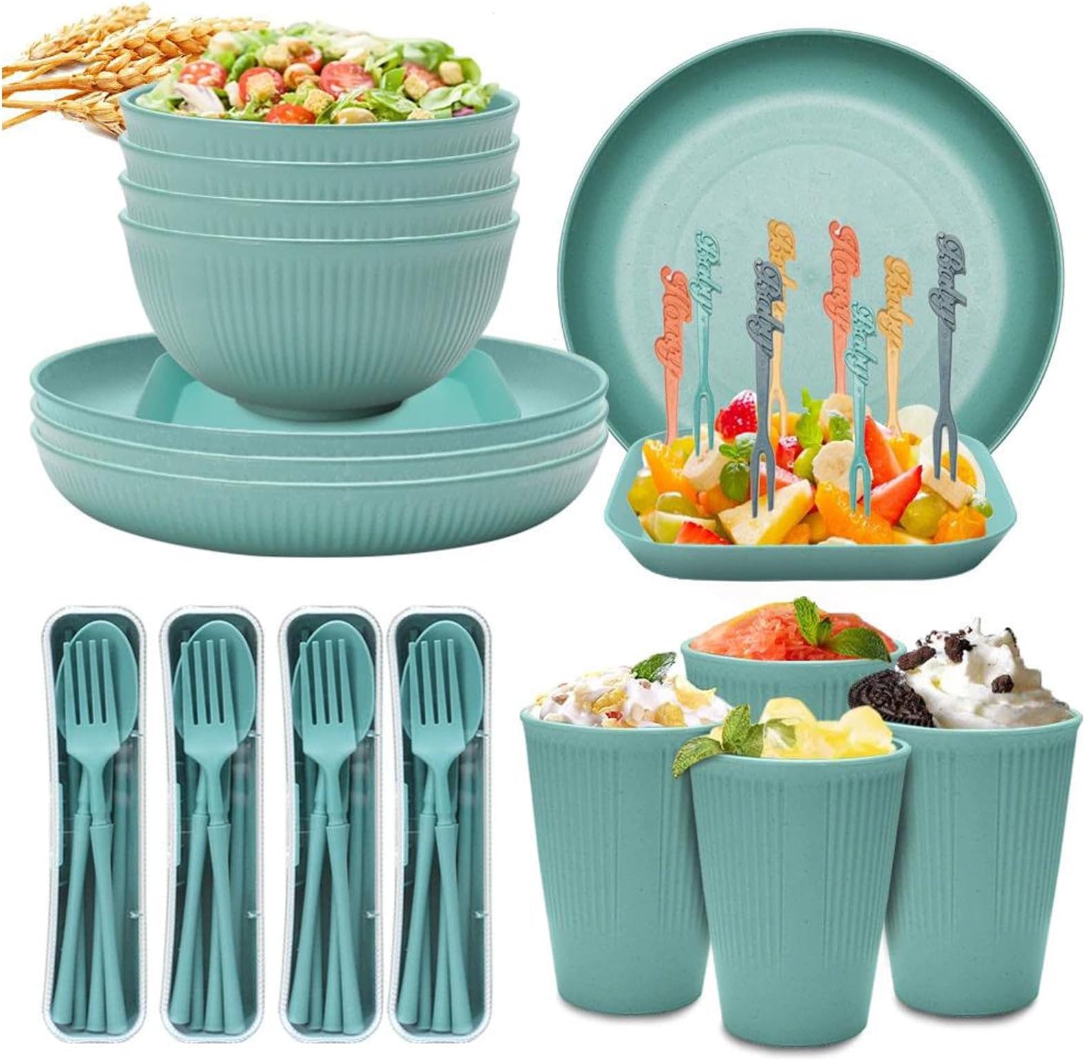 48pcs Unbreakable Dinnerware Sets for 4 People, Camping Plates and Bowls Set, Plastic Picnic Dinner Sets, Lightweight Colorful BBQ Plastic Serving Plates, Bowls, Cups,Cutlery, Forks,Tableware(Green)