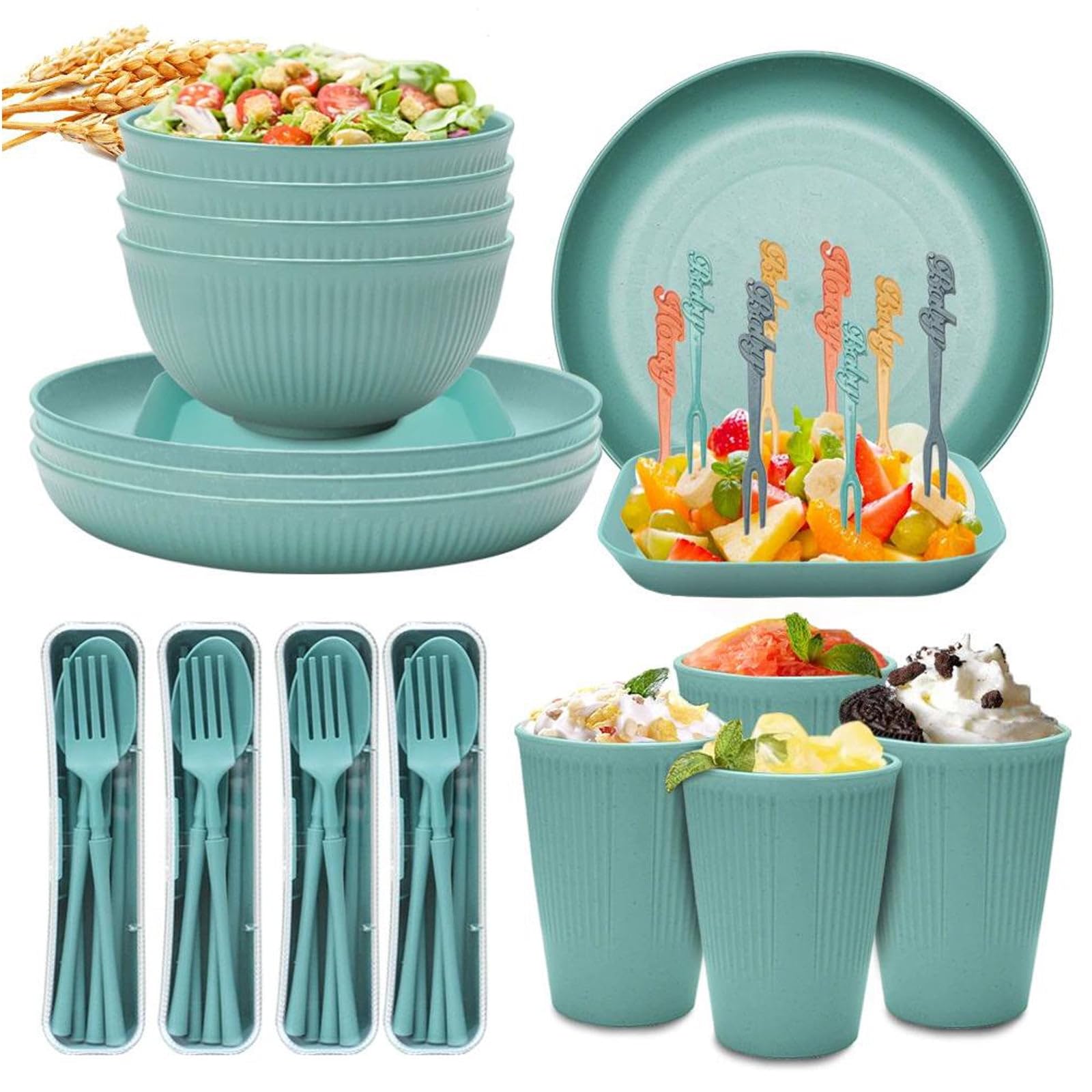 48pcs Unbreakable Dinnerware Sets for 4 People, Camping Plates and Bowls Set, Plastic Picnic Dinner Sets, Lightweight Colorful BBQ Plastic Serving Plates, Bowls, Cups,Cutlery, Forks,Tableware(Green)