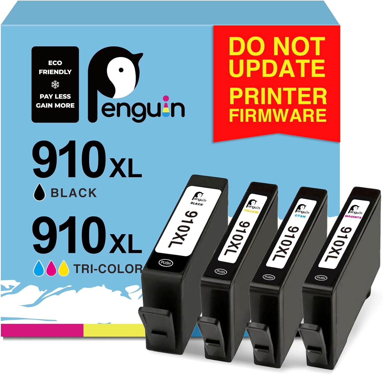 Penguin 910XL Ink Cartridges for HP 910 Officejet Pro 8020 Remanufactured for HP 910XL Combo Pack Officejet Pro 8010 8015 8025 8028 8030 8035 8022 Printer (Black Cyan Magenta Yellow, 4 Pack)