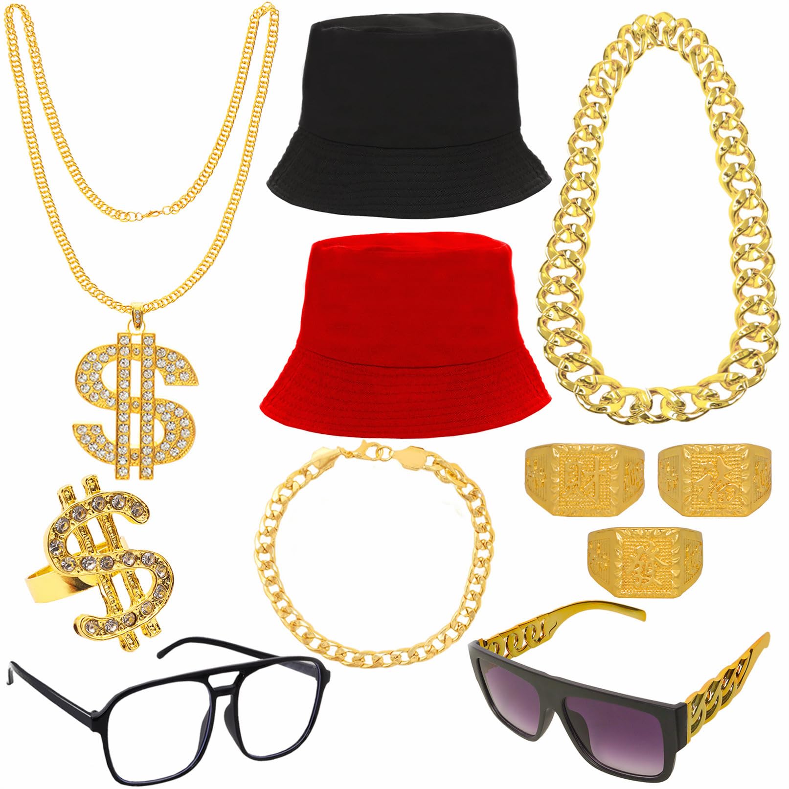 baotongle 11 Piece Hip Hop Costume Accessory Set 80s 90s Outfit Men's Hip Hop Costume 2 Bucket Hat, Gold Chain, Sunglasses, Gold Ring, Bracelet for Carnival Fancy Dress Theme Party