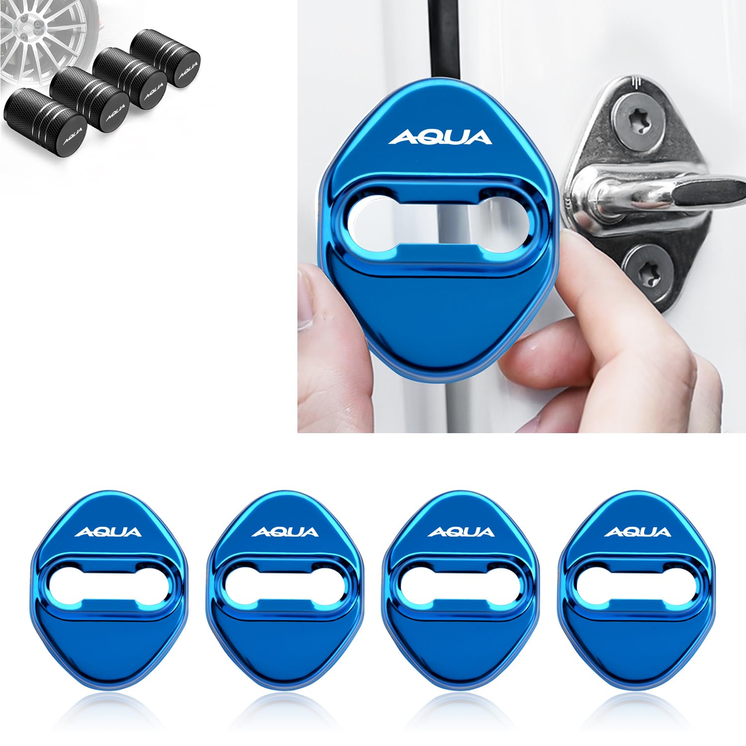 Applications: Aqua Accessories, Door Striker Cover, Aqua Cars, Dedicated Design, New Model, Custom Interior Parts, Door Lock Cover, Premium Mirror Stainless Steel, Improved Model, Set of 4 (Gift: Tire Valve Cap) (Blue)