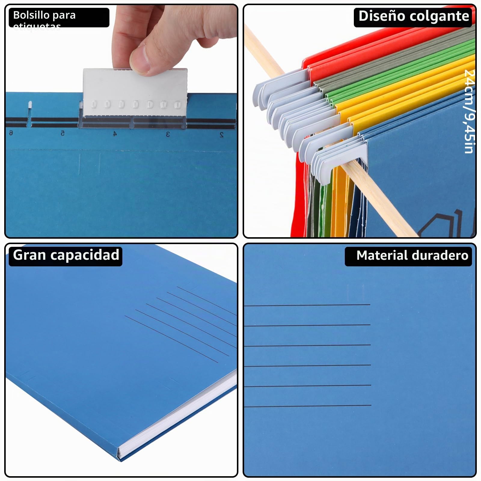 25 piezas carpetas colgantes A4, 5 colores carpetas colgantes a4 plastico, carpeta colgante plastico con pestañas y soportes para tarjetas para la escuela, el hogar, Oficina