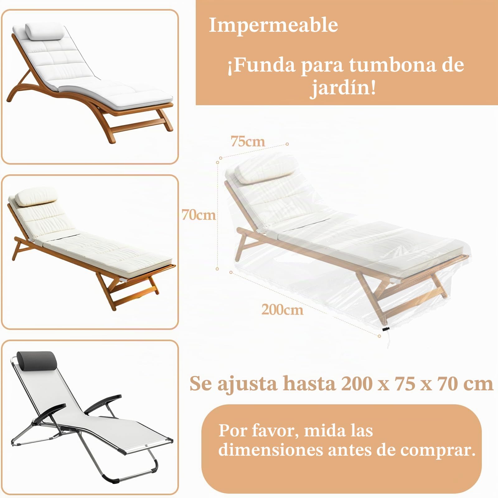 Funda protectora para tumbona de jardín, 200 x 70 x 75 cm, transparente, resistente al agua