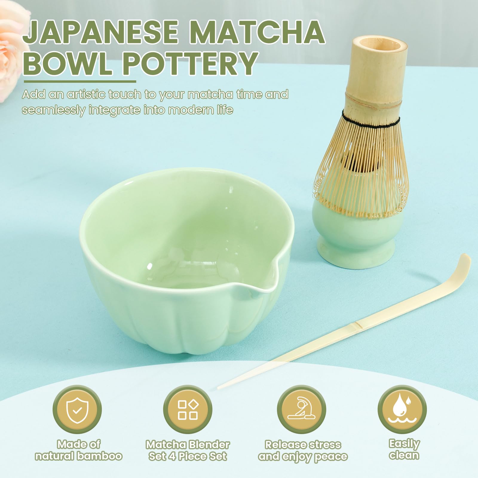 bigjvbfv Japanese Matcha Set, Pretty Japanese Tea Set, Matcha Kit Set, Includes Matcha Bowl Large-Content Matcha Kit with Matcha Whisk Holder, Matcha Set for Tea Fans