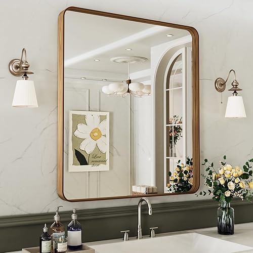 Miniatura 341 de LOAAO - Espejo de tocador para baño con marco de metal negro mate de 24 x 32 pulgadas para pared, rústico, rectangular, grande, redondeado