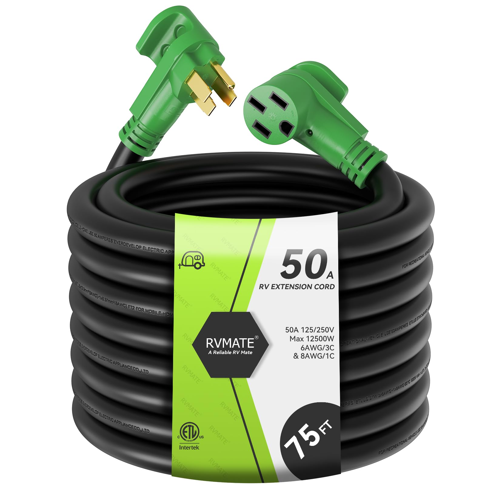 Photo 1 of ***UPDATED 7/24*** RVMATE 50 Amp 75 Feet RV/EV Extension Cord, Easy Plug in Handle, 14-50P to 14-50R with LED Indicator, ETL Listed