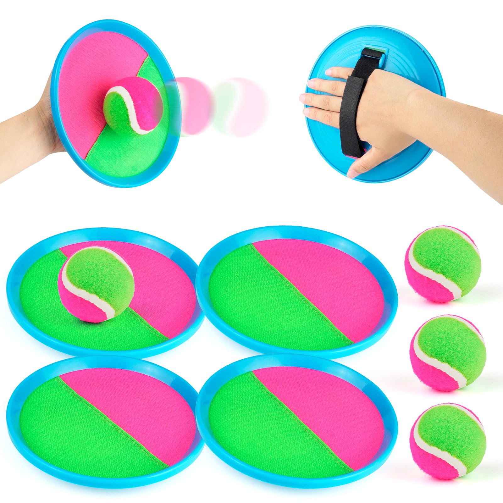 Toss and Catch Ball Set for Kids and Families with 4 Paddles and 4 Soft Balls, Hook and Loop Catch Game for Garden Games, Beach Toys, Outdoor Activities and Camping Fun