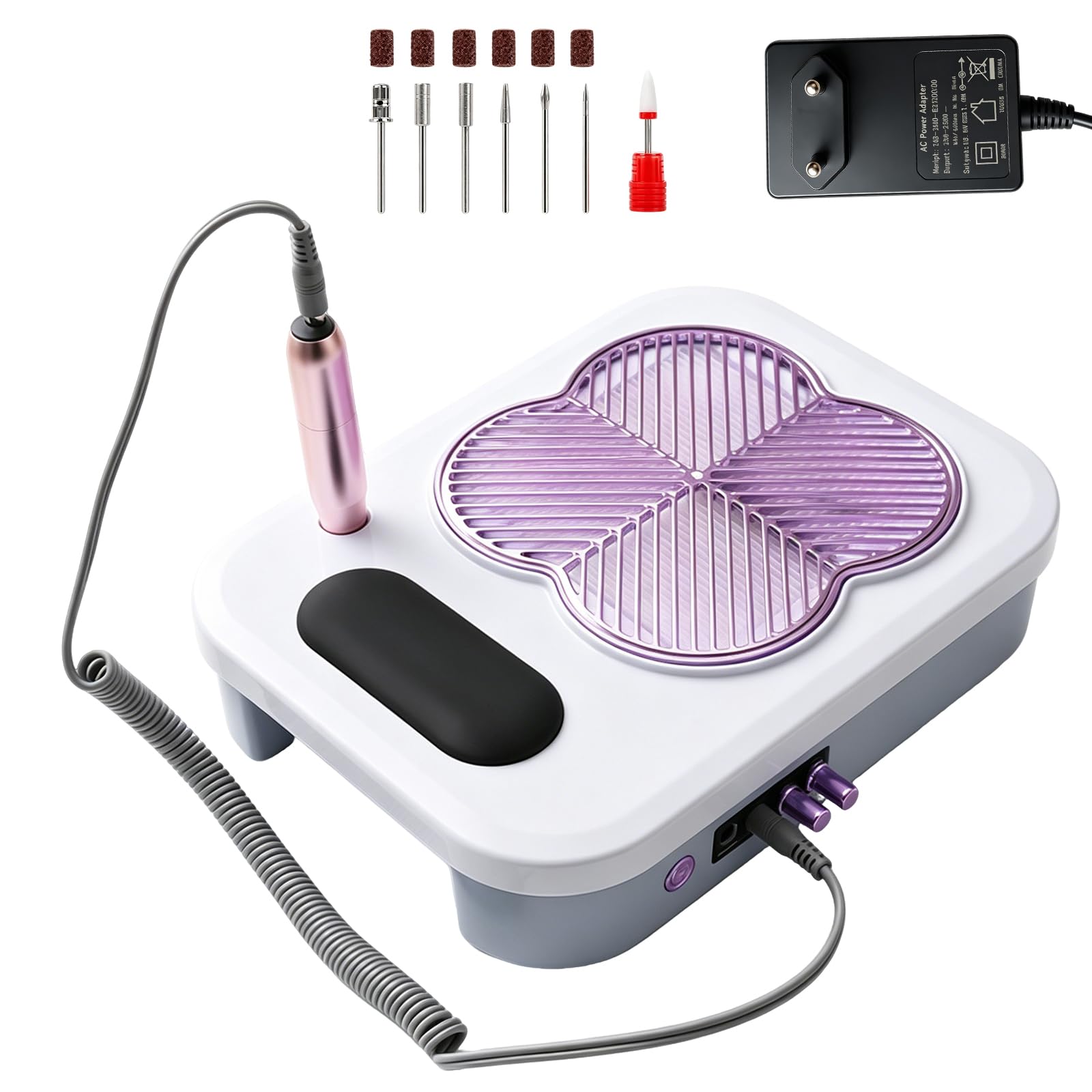 Dispositivo de uñas 4 en 1, con torno profesional (18.000 rpm), 6 cabezales de lijado y cabezal removedor, lámpara UV/LED potente, aspirador integrado (3.400 rpm), ideal para uso en salón y en casa