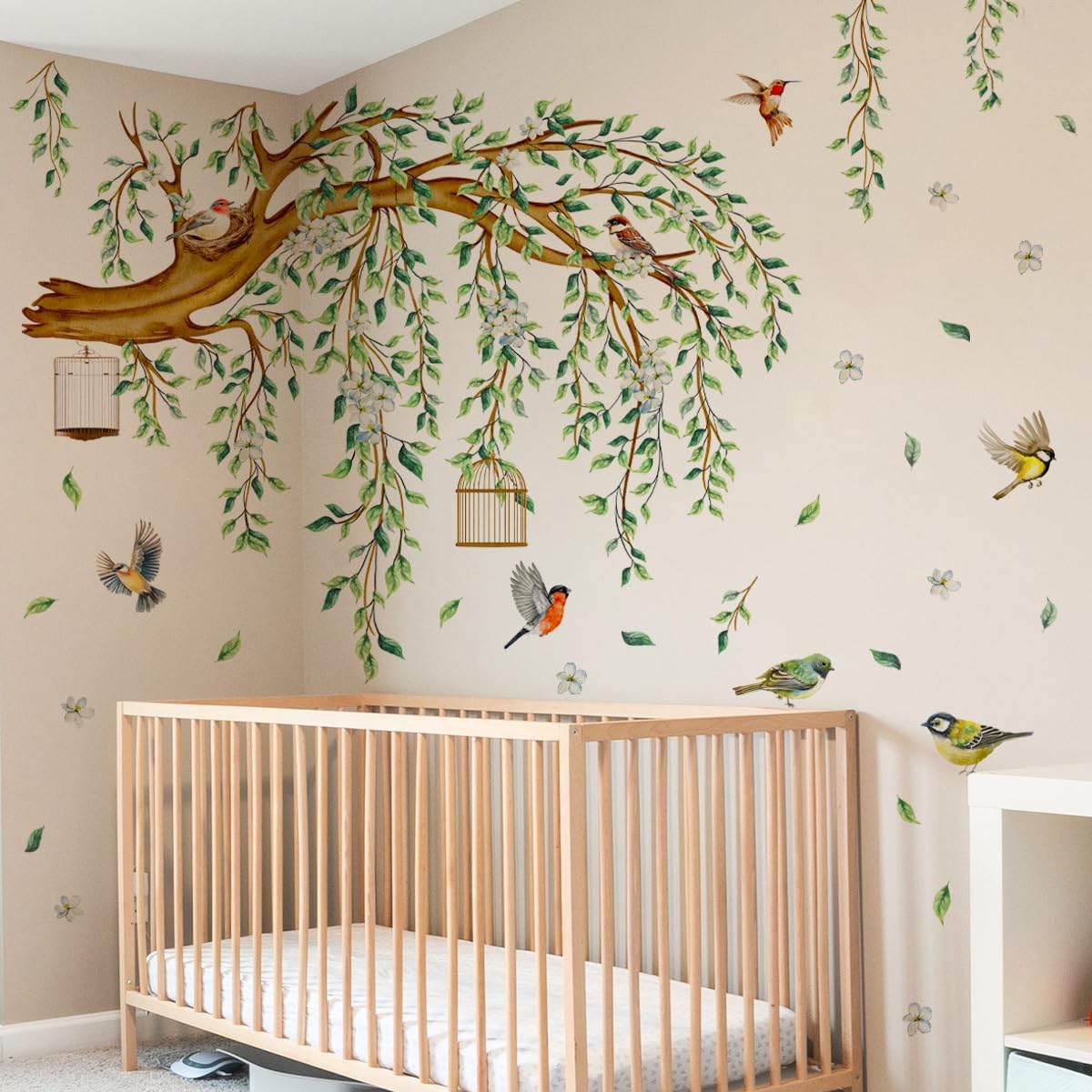 Runtoo Large Tree Wall Decals Green Hanging Vine Leaves Birds Branch Wall Stickers for Living Room Bedroom Decor image 3